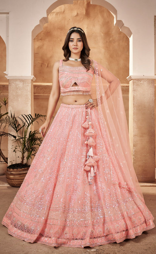 Pink Net Hand & Beads Work Sangeet Lehenga