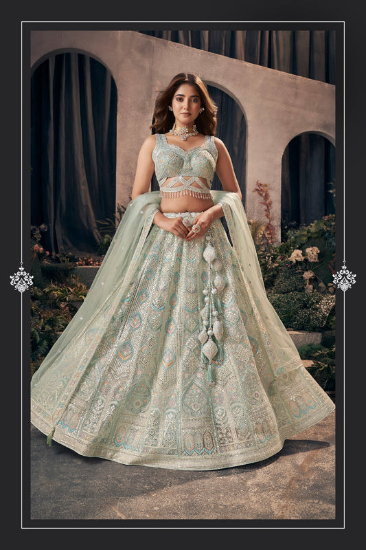 Sea Green Heavy Gota Patti Embroidery & Hand Work Net Sangeet Lehenga