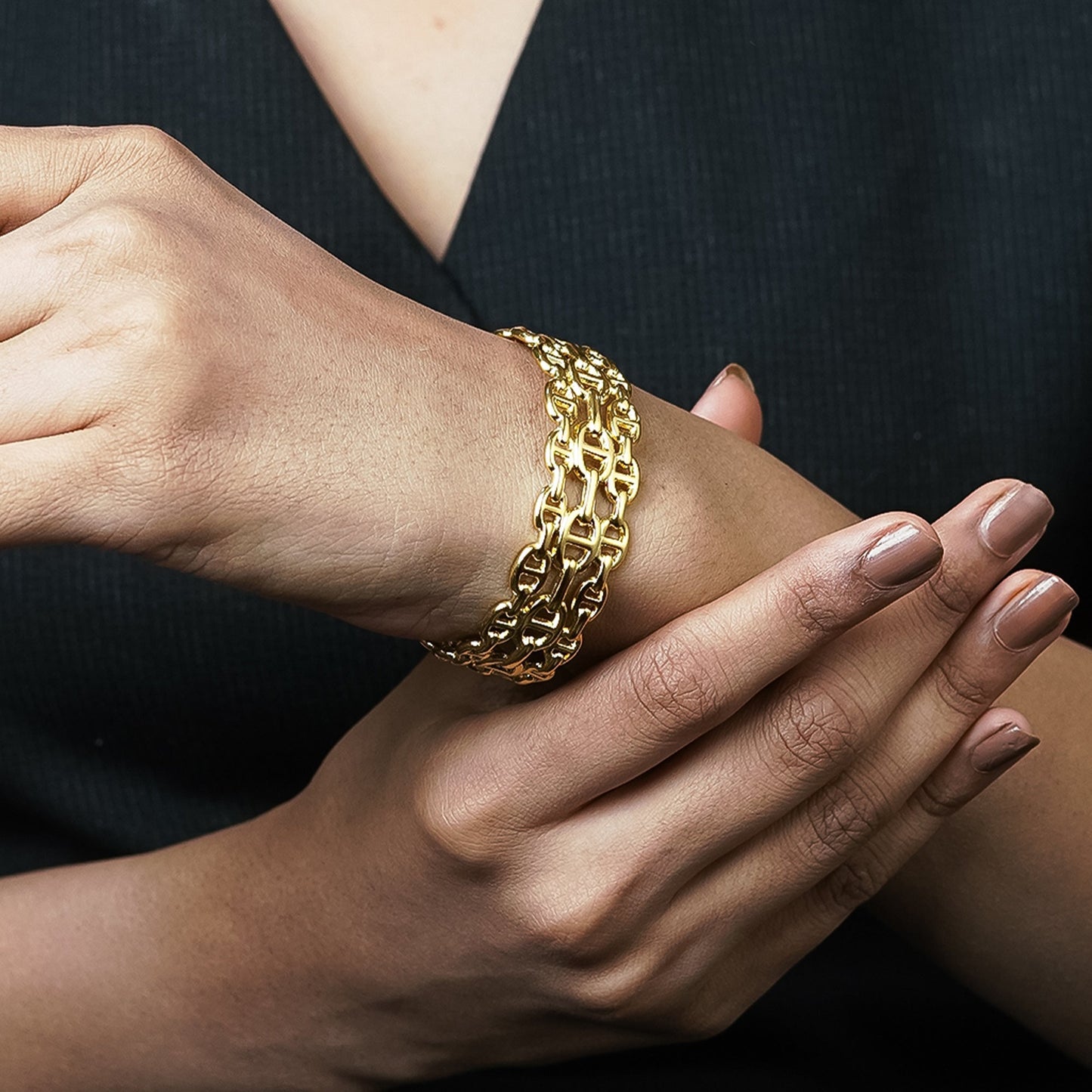 Zevar Club Gold Tone Stainless Steel Tarnish Free Waterproof Chain-Link Cuff Bracelet for Women