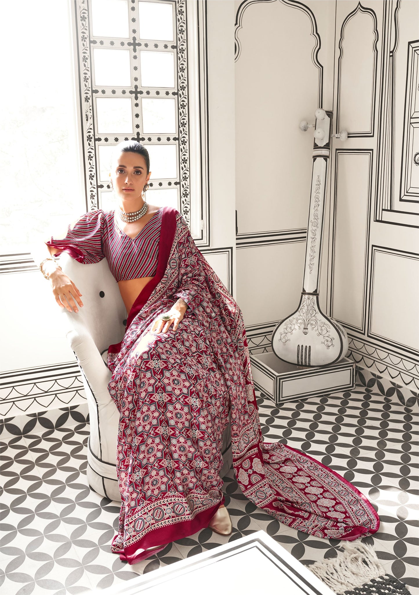 Ruby Red Kajarkh Printed Ajrakh Satin Saree