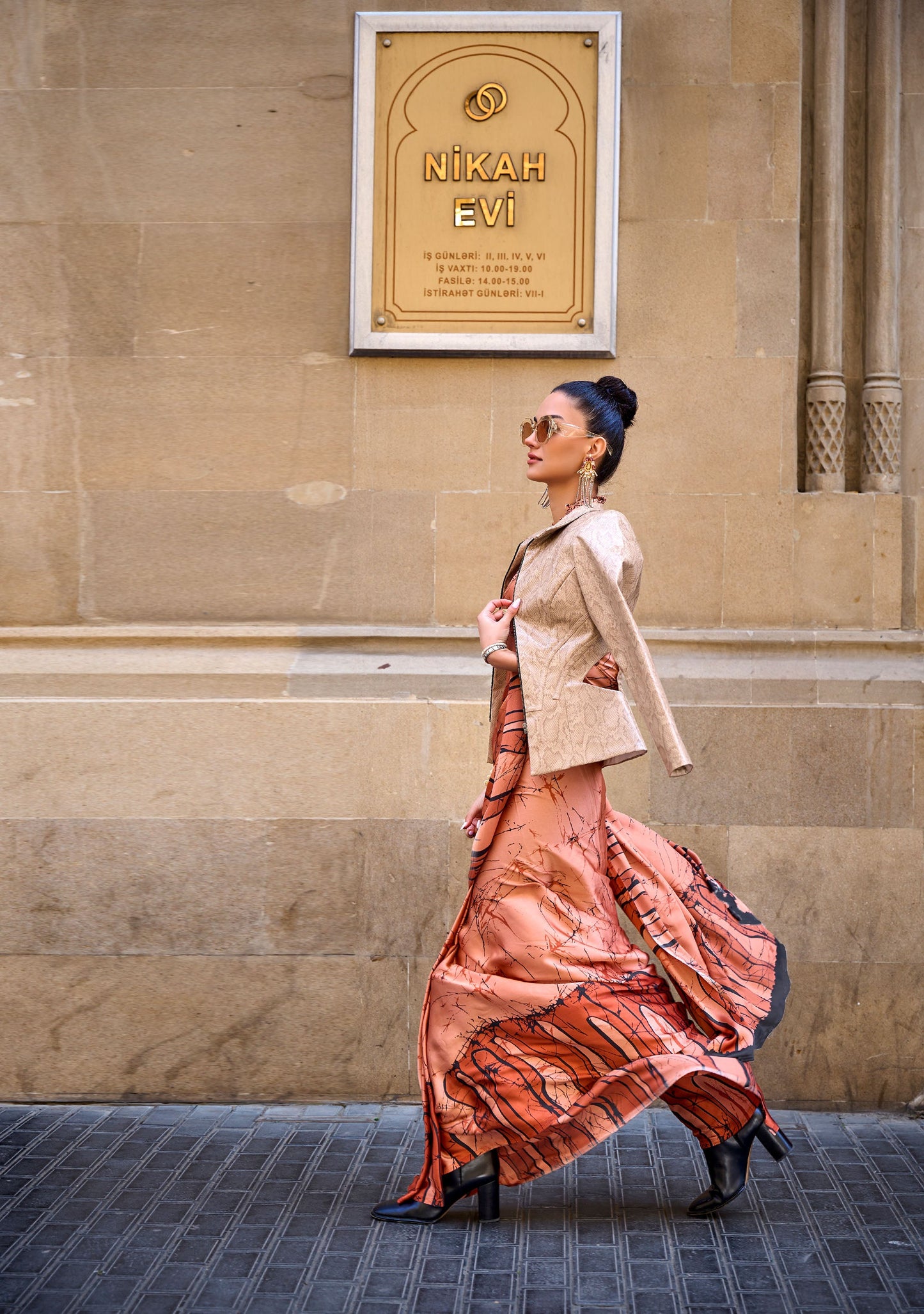 Orange Art work Kubik Print Satin Saree