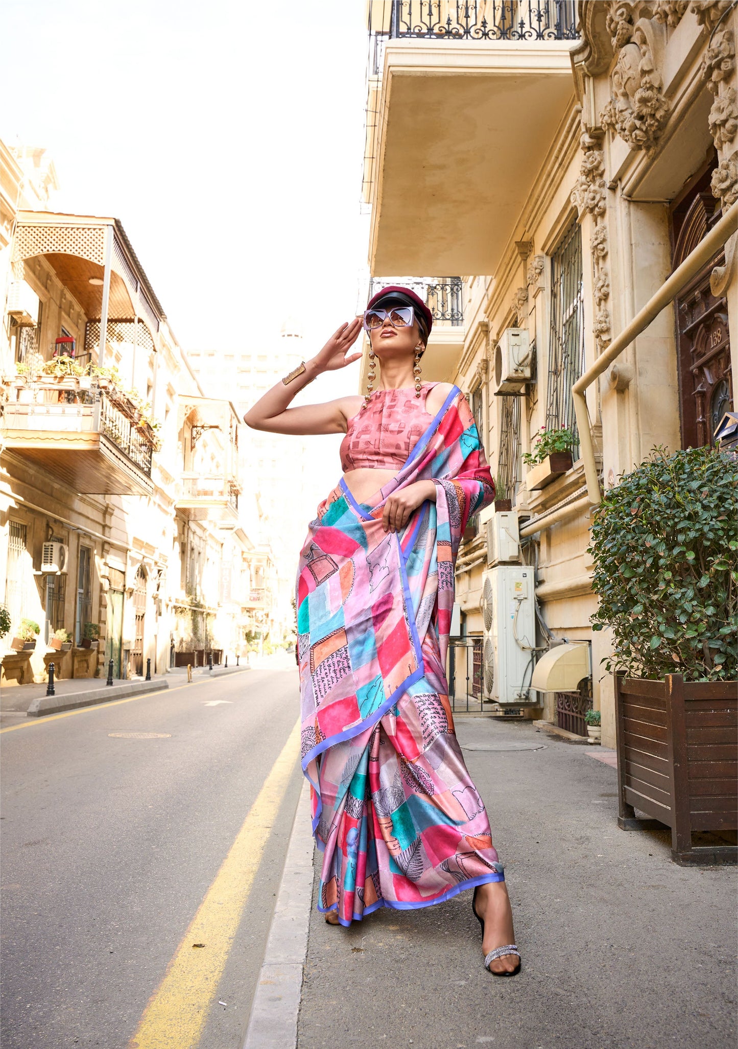 Violet Multi color Abstract Kolombus Satin Georgette Printed Saree