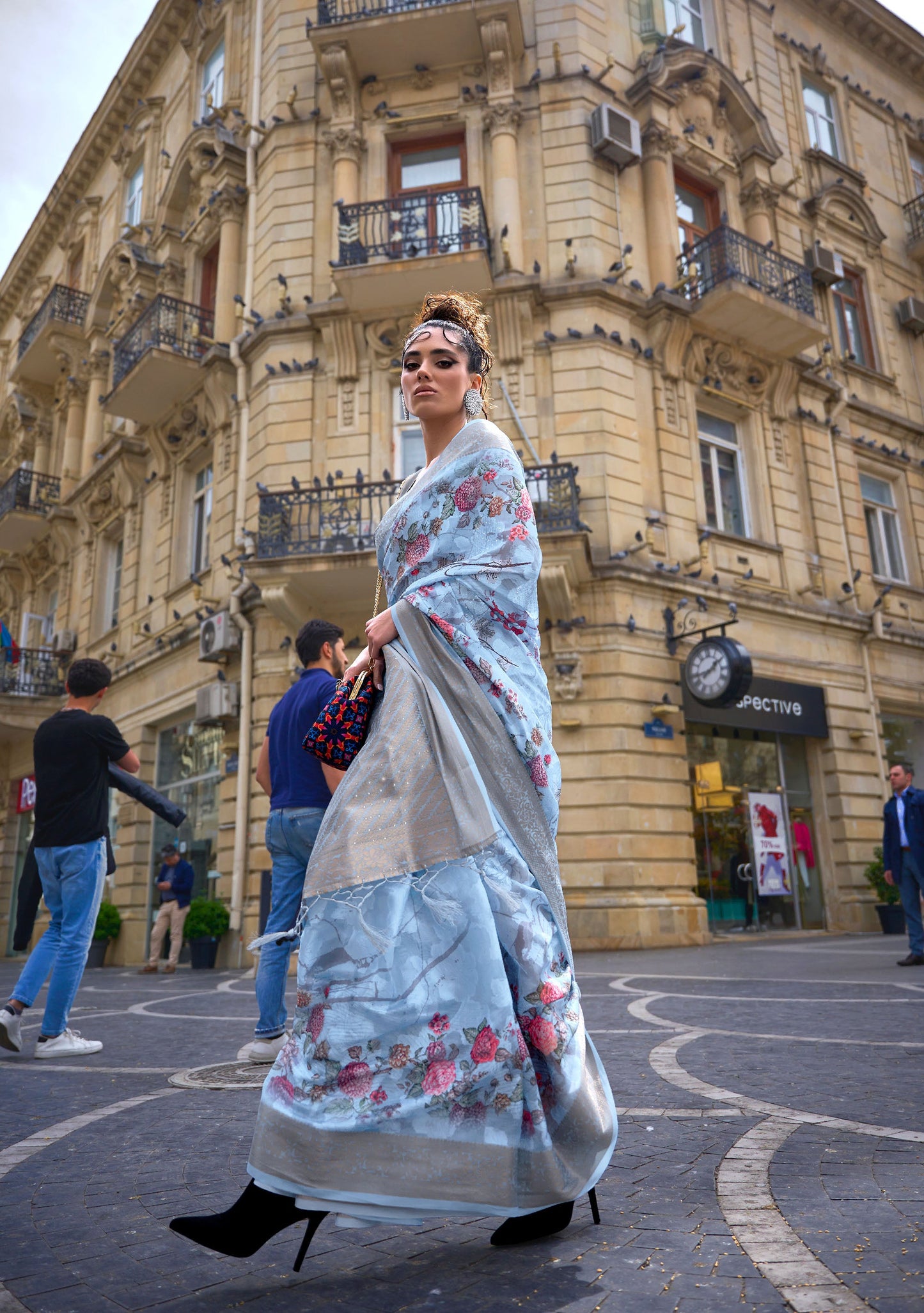 Light Blue Kinsel Printed Poly Handloom Saree
