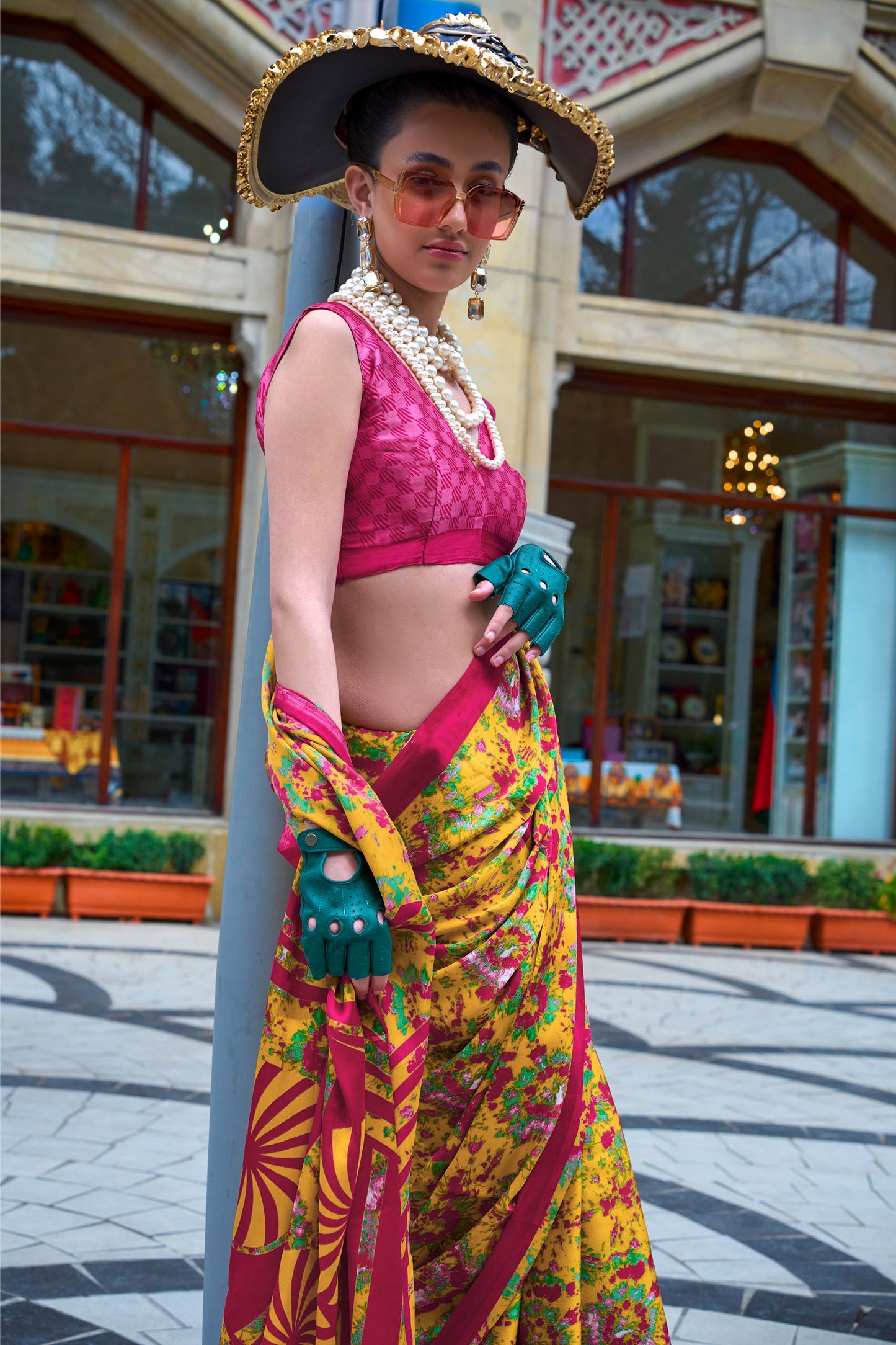 Yellow Floral Kazule Contemporary Satin Crepe Saree
