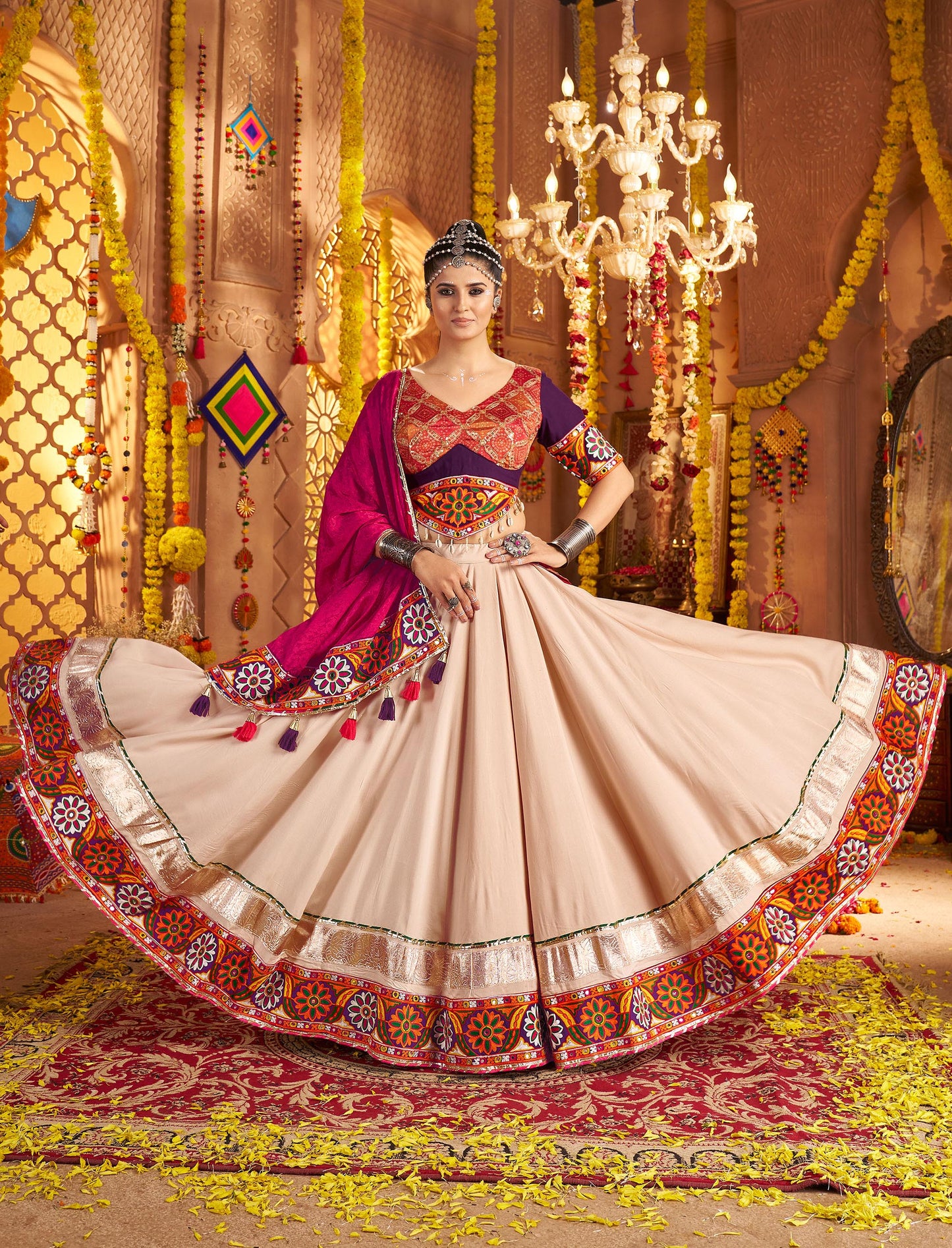 Beige Viscose Rayon Thread & Mirror Embroidery Navratri Chaniya Choli
