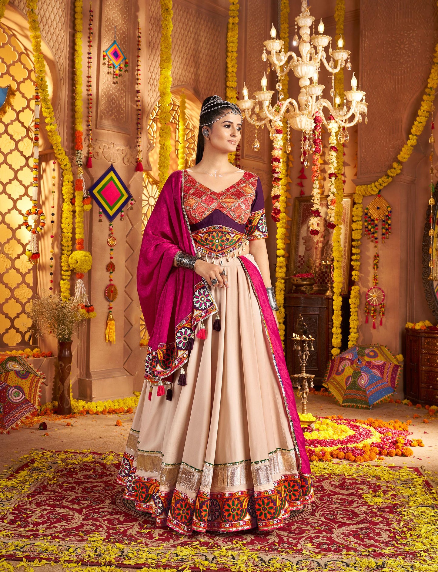 Beige Viscose Rayon Thread & Mirror Embroidery Navratri Chaniya Choli
