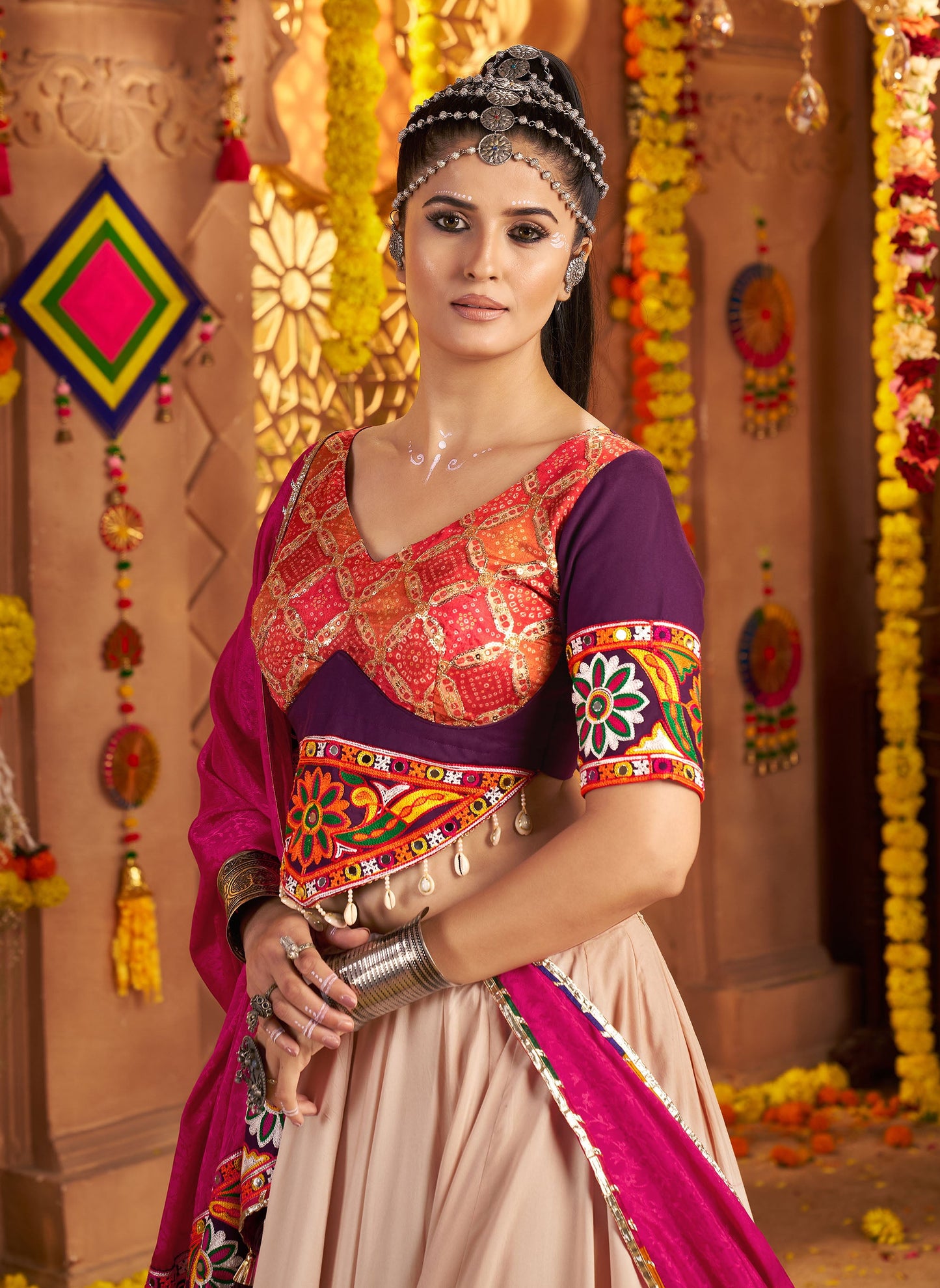 Beige Viscose Rayon Thread & Mirror Embroidery Navratri Chaniya Choli