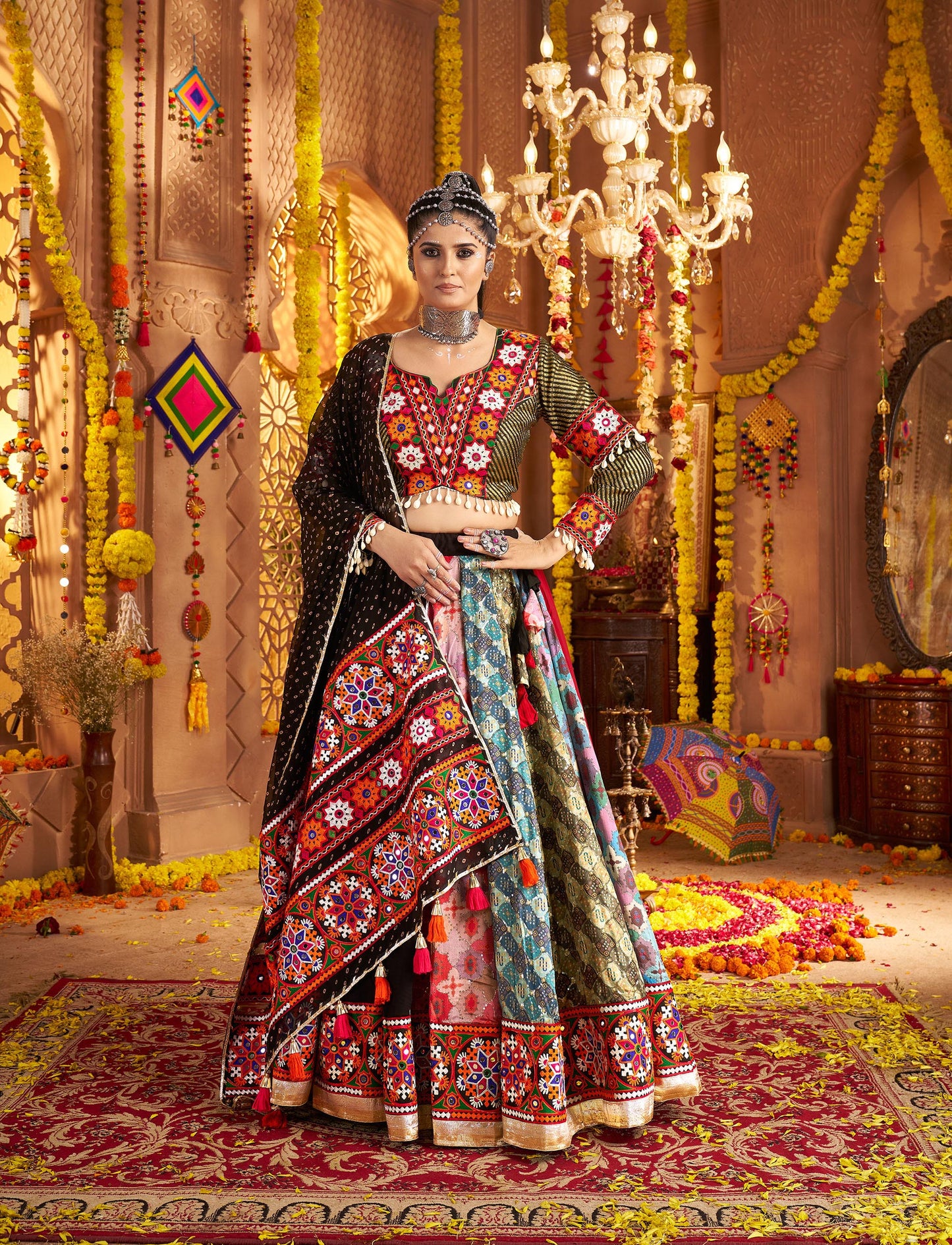 Black Viscose Rayon Thread & Mirror Embroidery Navratri Chaniya Choli