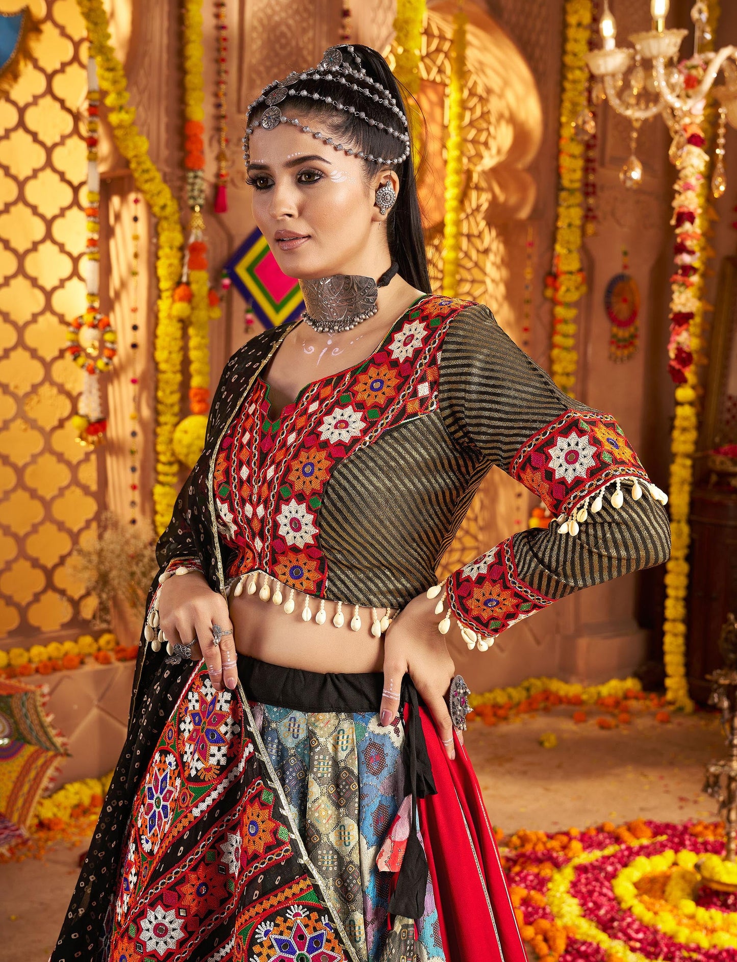 Black Viscose Rayon Thread & Mirror Embroidery Navratri Chaniya Choli
