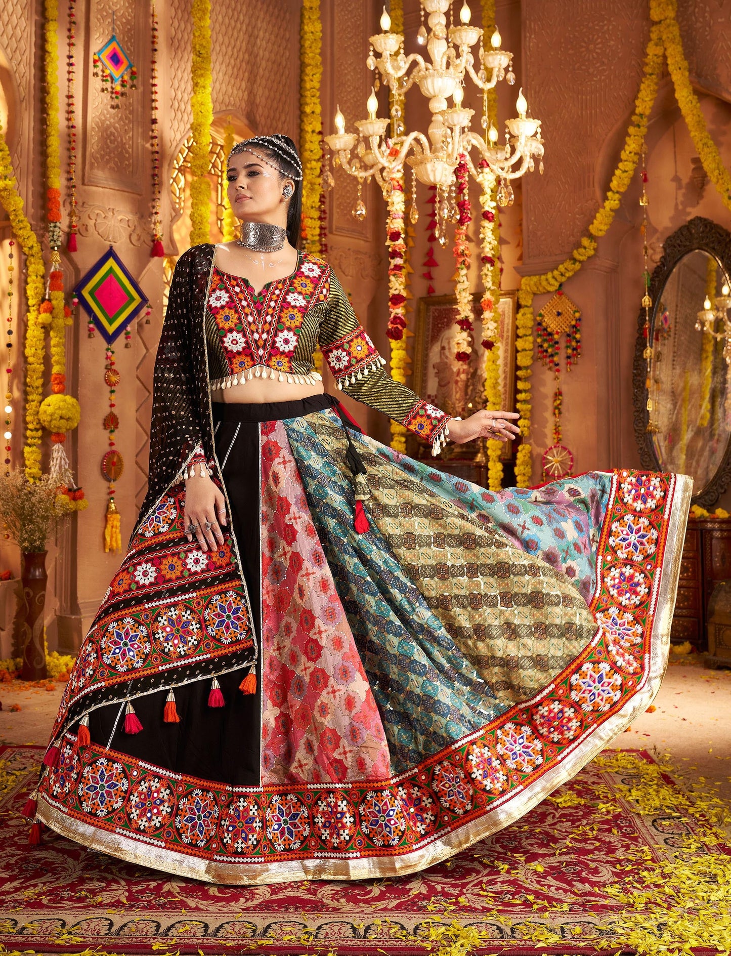 Black Viscose Rayon Thread & Mirror Embroidery Navratri Chaniya Choli