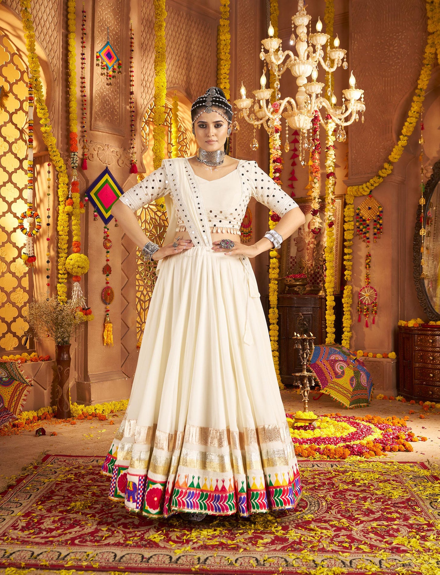 White Viscose Rayon Thread & Mirror Work Navratri Chaniya Choli