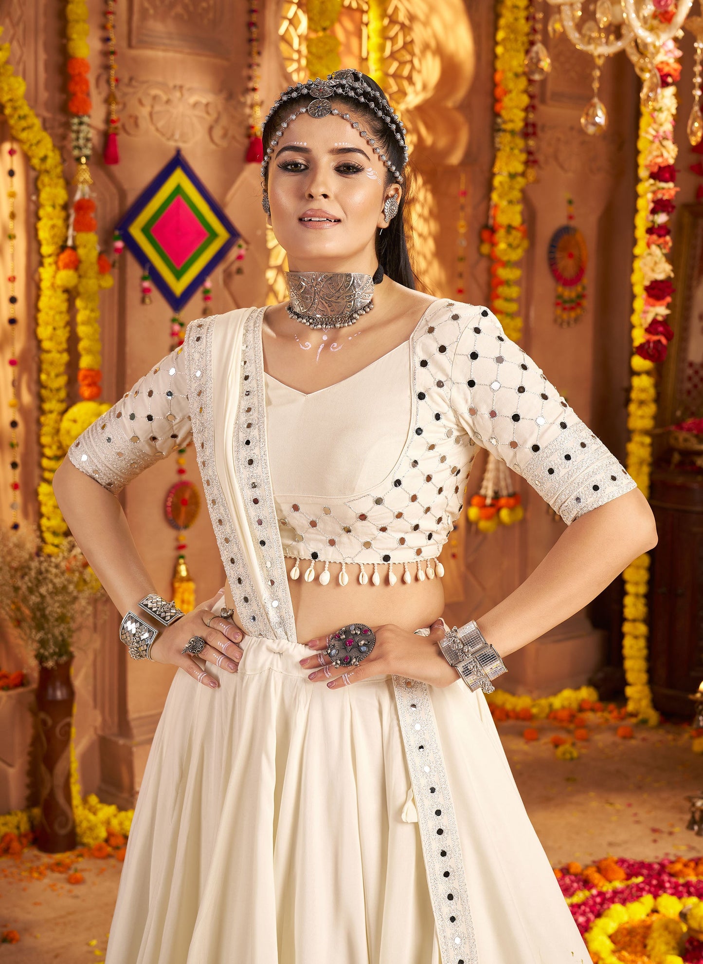 White Viscose Rayon Thread & Mirror Work Navratri Chaniya Choli