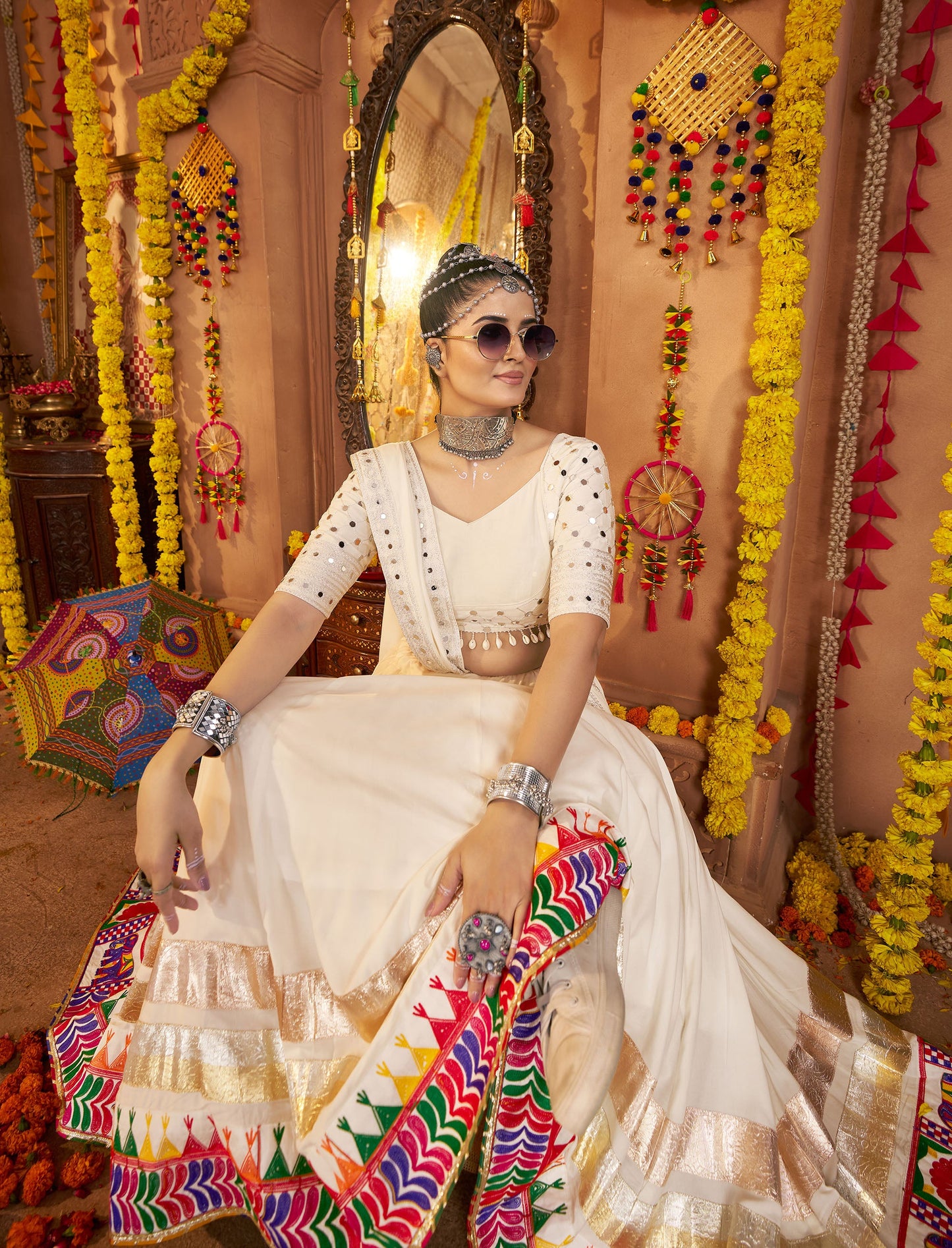 White Viscose Rayon Thread & Mirror Work Navratri Chaniya Choli