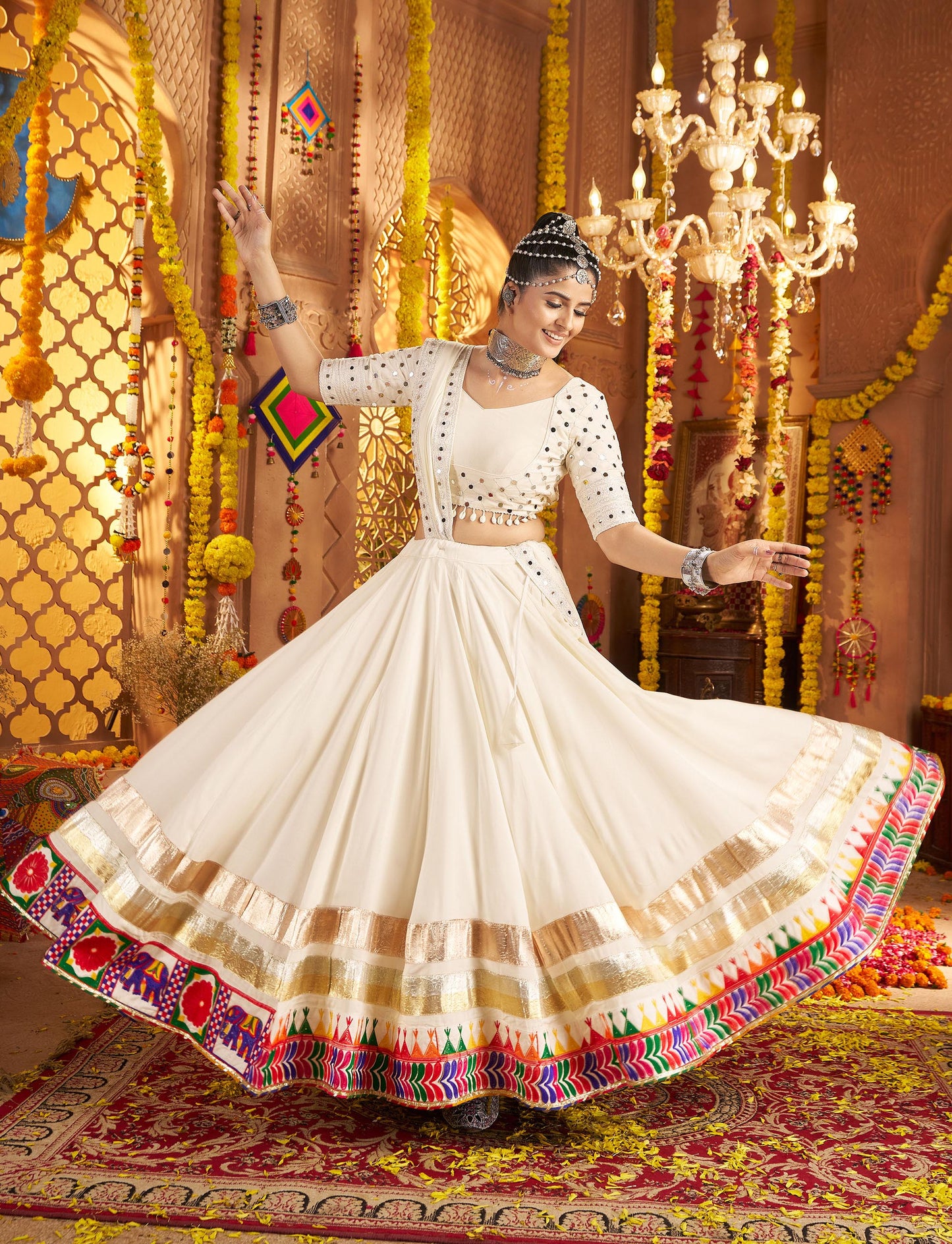 White Viscose Rayon Thread & Mirror Work Navratri Chaniya Choli