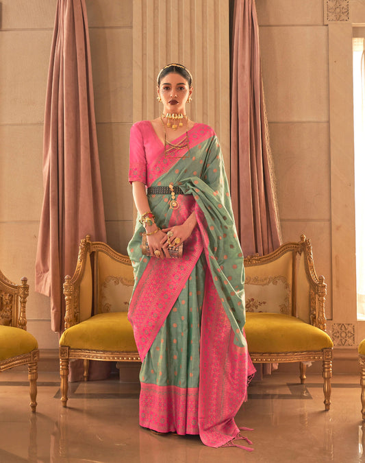 Green Kamsaara Bamboo Copper Zari Handloom Saree