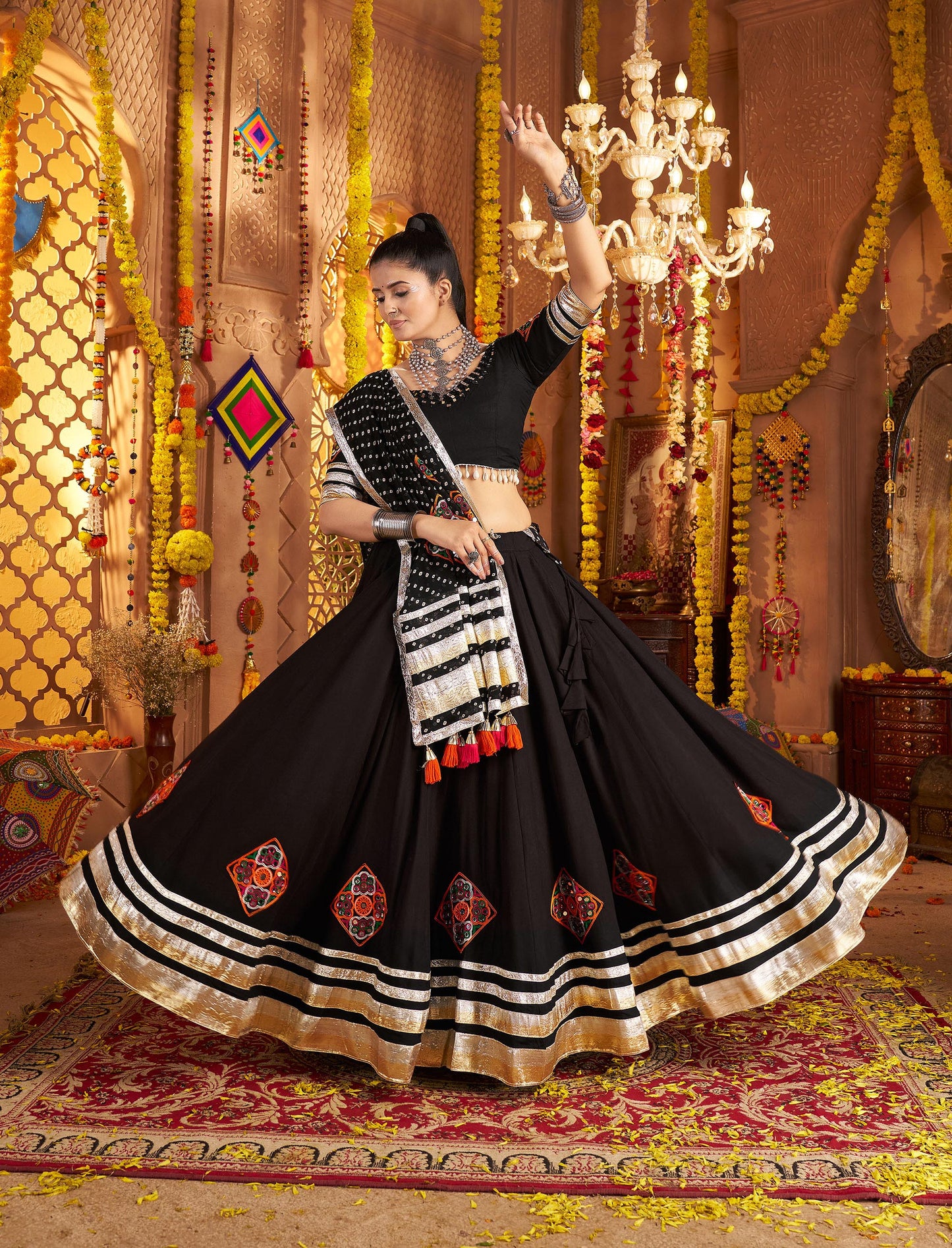 Black Viscose Rayon Hand Mirror Embroidery Navratri Chaniya Choli