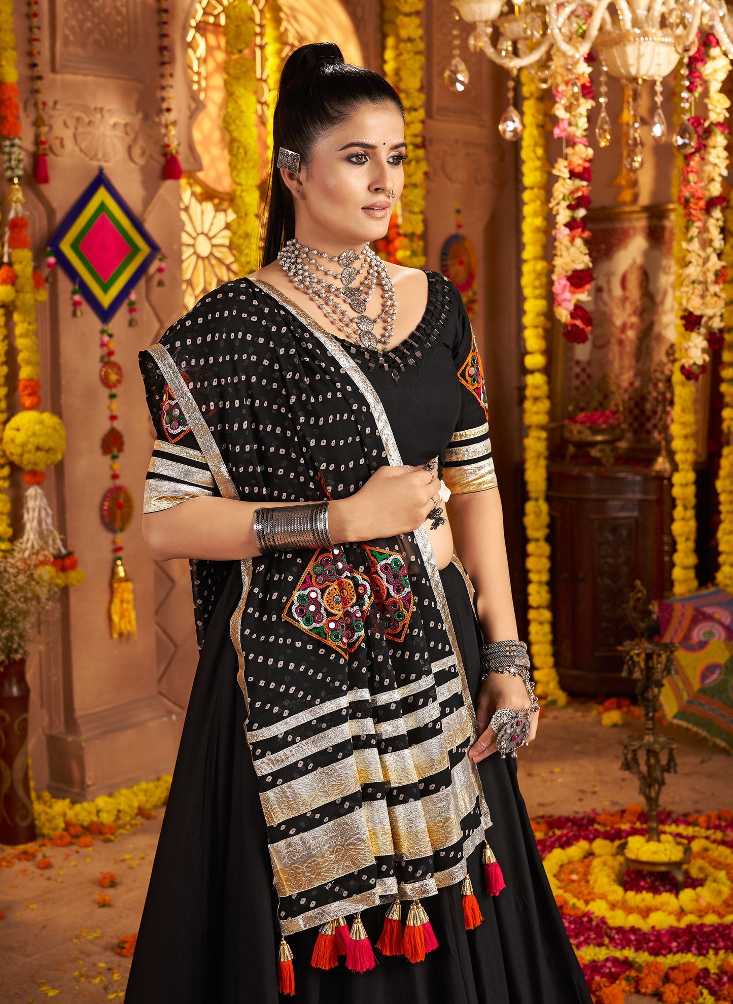 Black Viscose Rayon Hand Mirror Embroidery Navratri Chaniya Choli