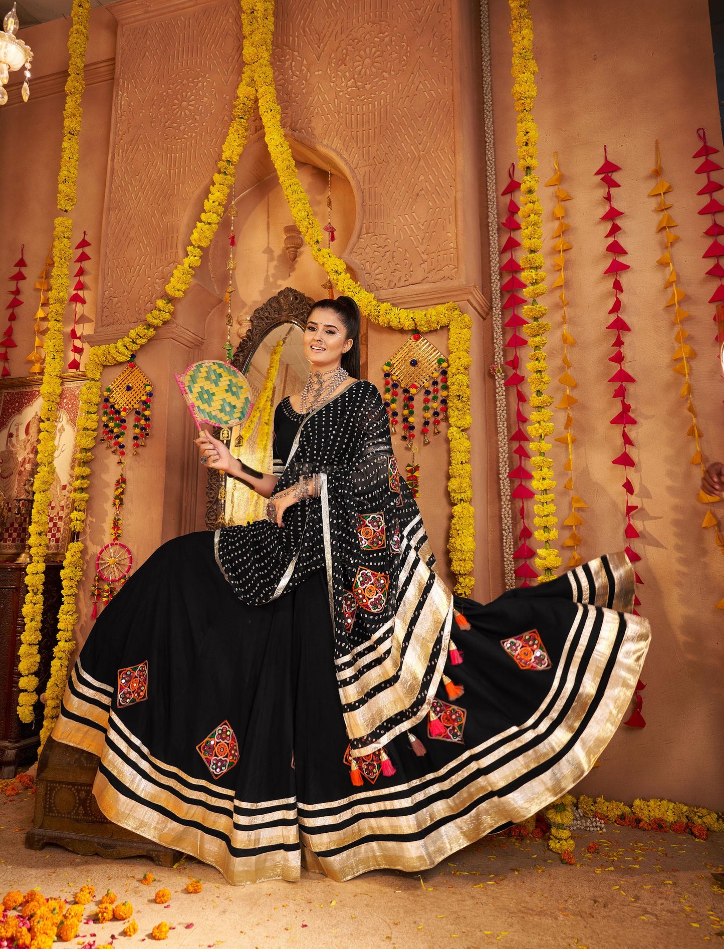 Black Viscose Rayon Hand Mirror Embroidery Navratri Chaniya Choli