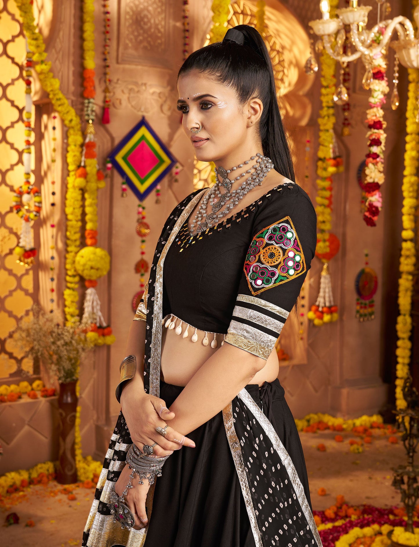 Black Viscose Rayon Hand Mirror Embroidery Navratri Chaniya Choli