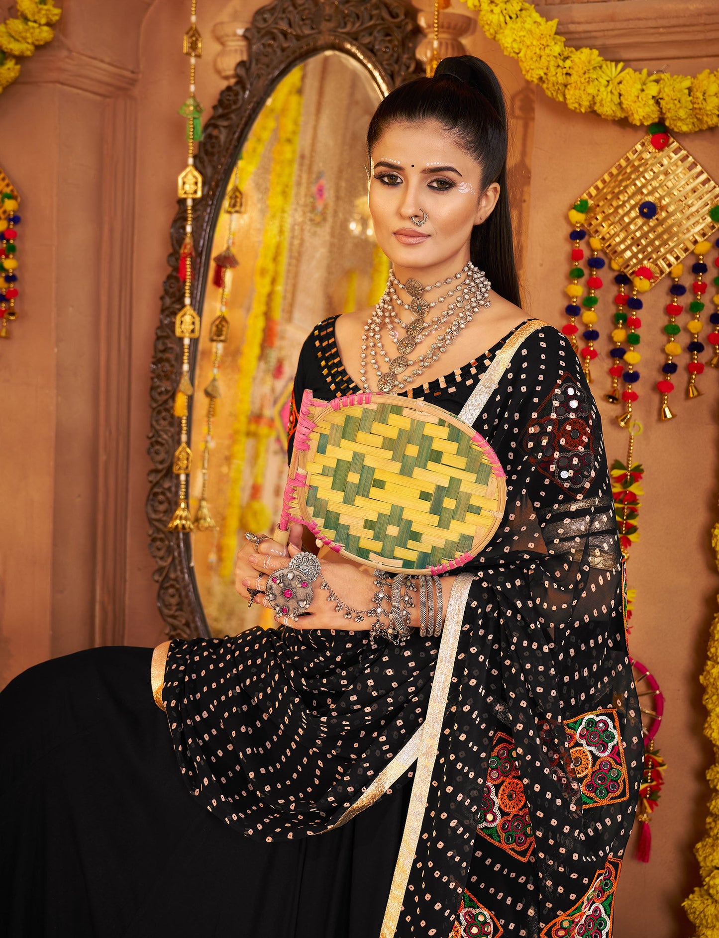 Black Viscose Rayon Hand Mirror Embroidery Navratri Chaniya Choli