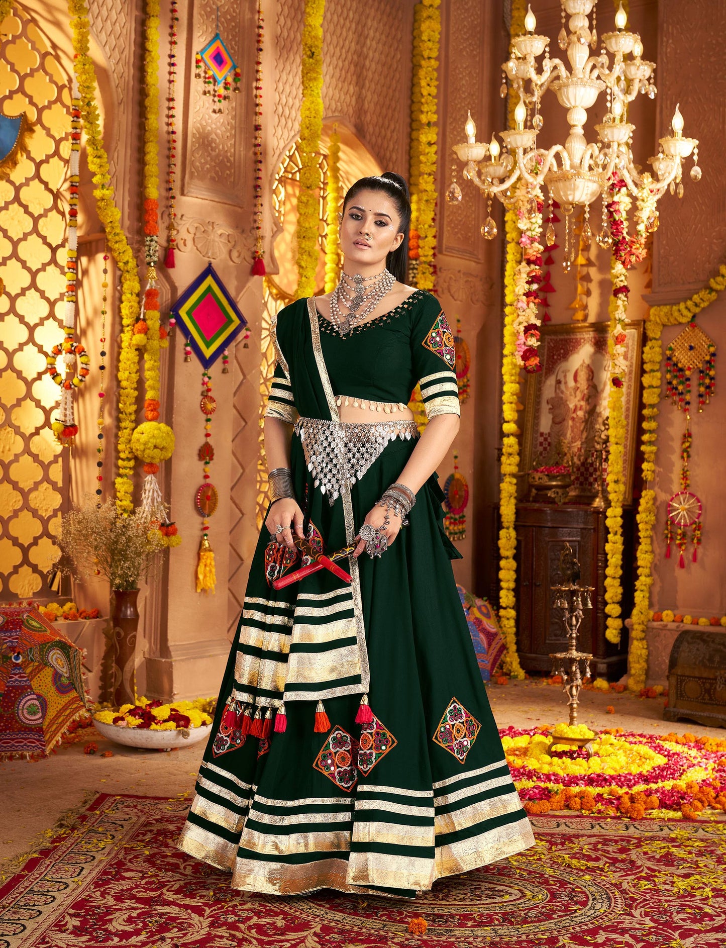 Green Viscose Rayon Hand Mirror Work Navratri Chaniya Choli
