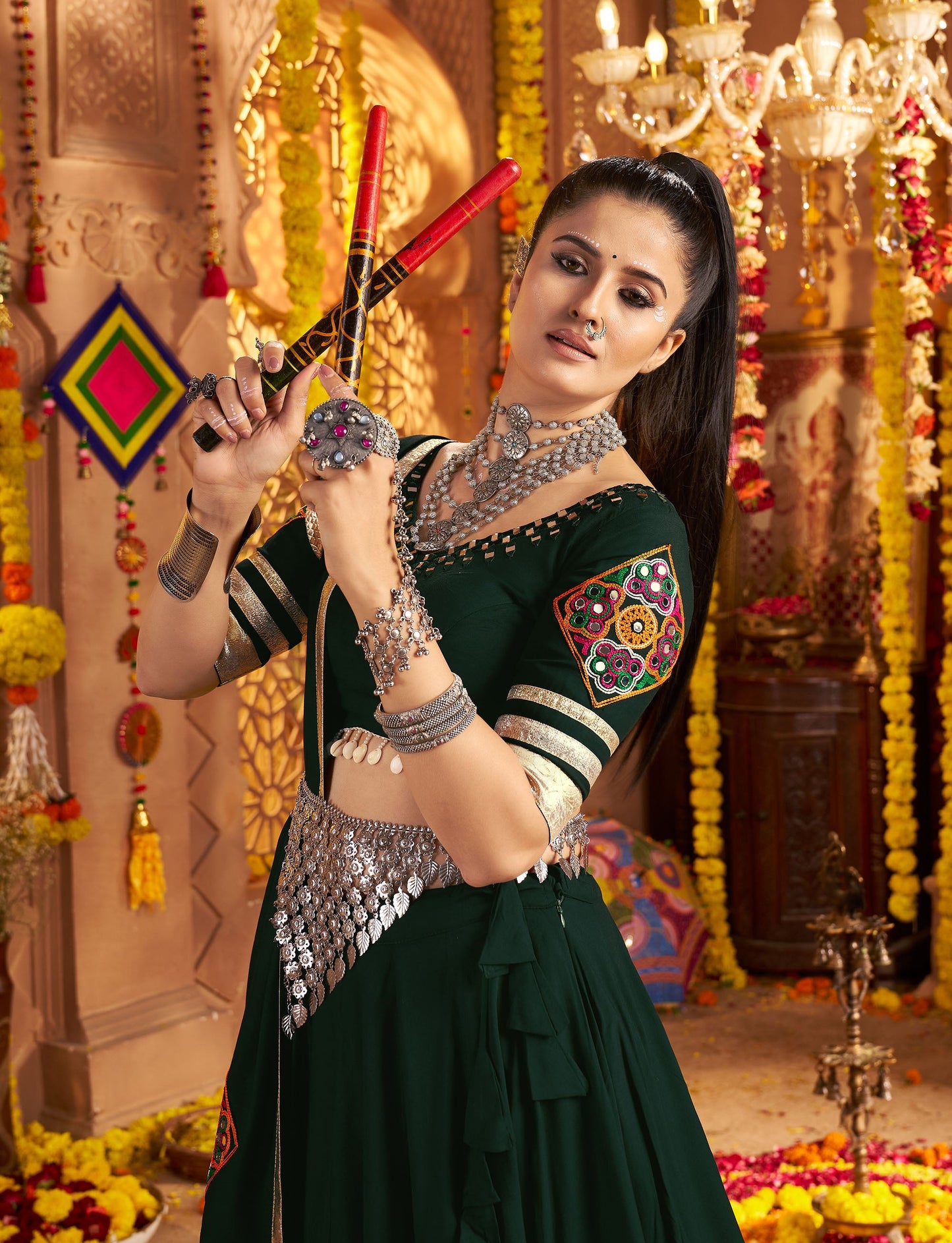 Green Viscose Rayon Hand Mirror Work Navratri Chaniya Choli