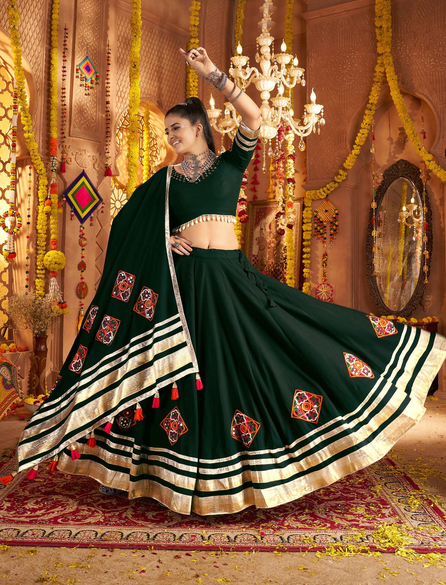 Green Viscose Rayon Hand Mirror Work Navratri Chaniya Choli