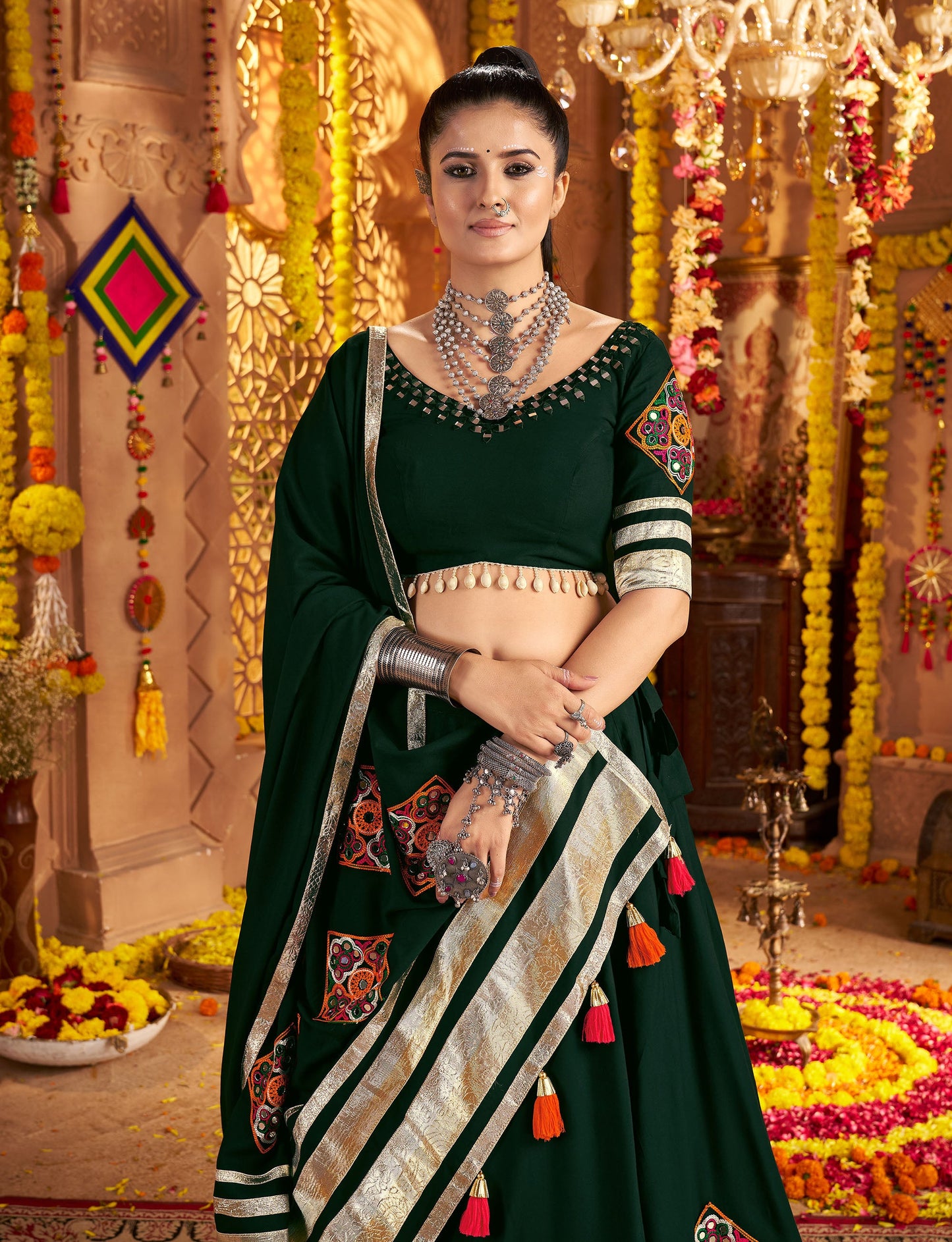 Green Viscose Rayon Hand Mirror Work Navratri Chaniya Choli