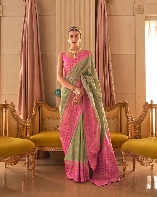 Green and Pink Kamsaara Bamboo Copper Zari Handloom Saree