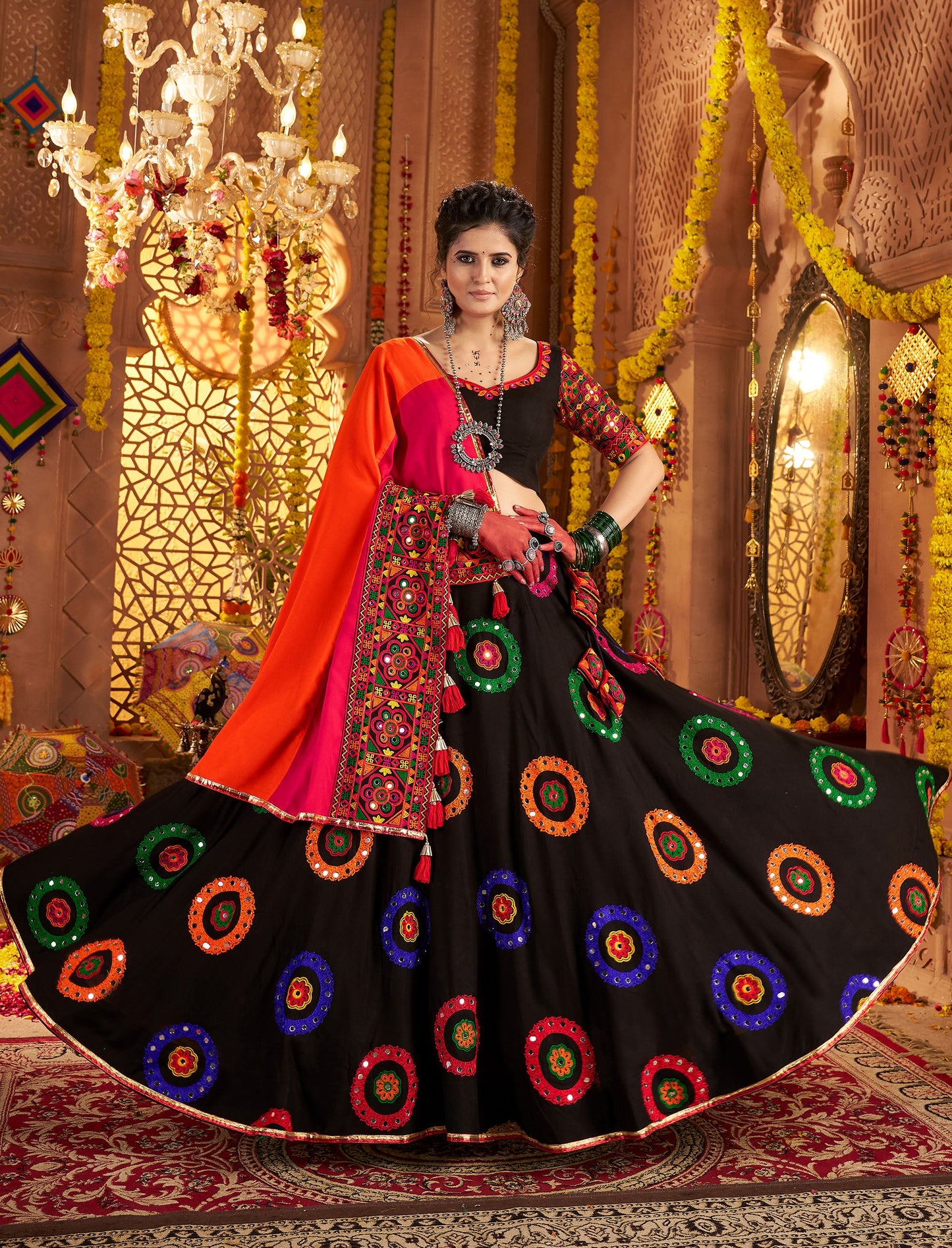 Black Viscose Cotton Embroidered Lace with Mirror Work Navratri Chaniya Choli