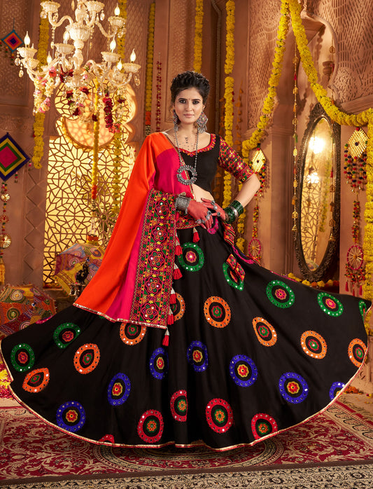 Black Viscose Cotton Embroidered Lace with Mirror Work Navratri  Chaniya Choli