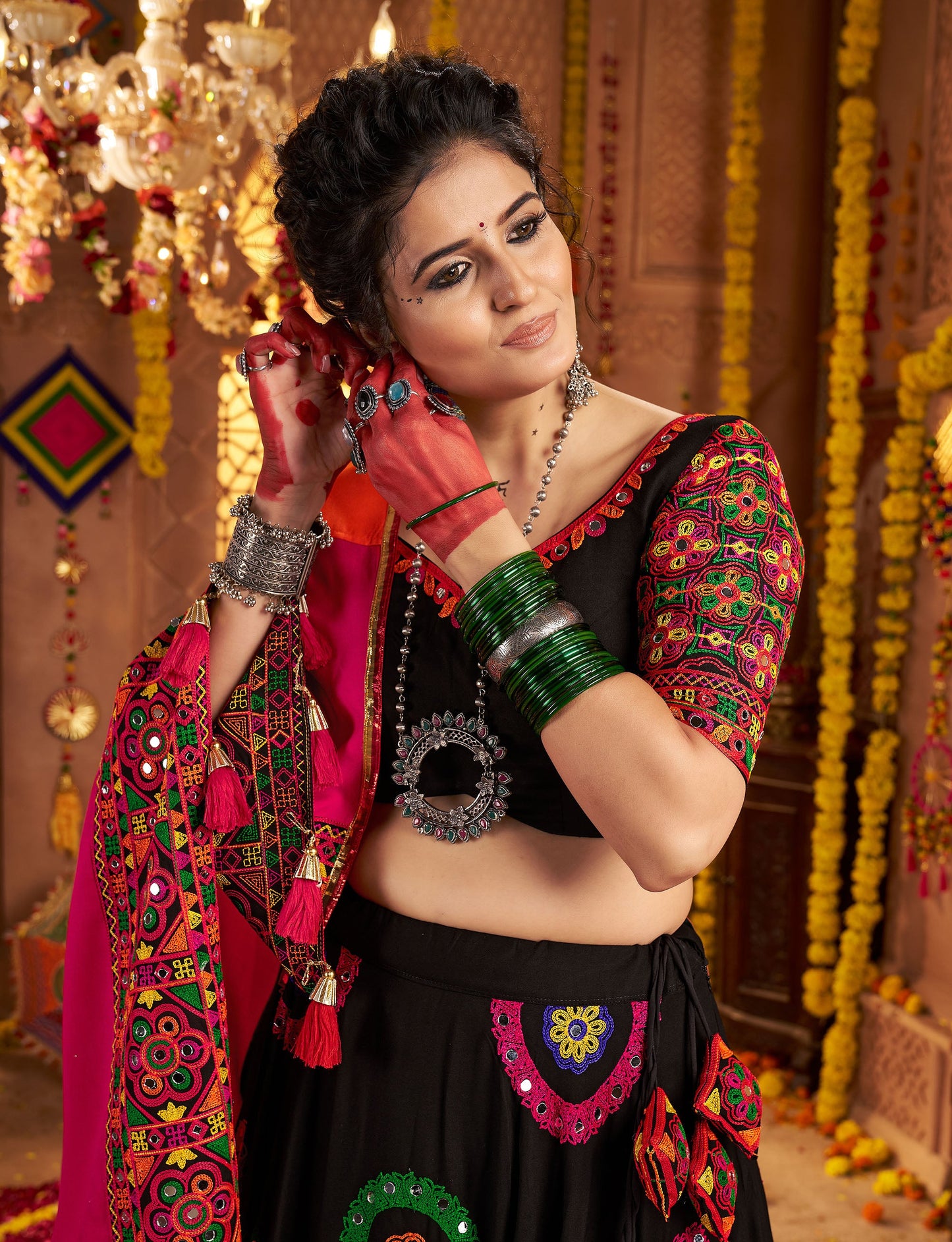 Black Viscose Cotton Embroidered Lace with Mirror Work Navratri Chaniya Choli