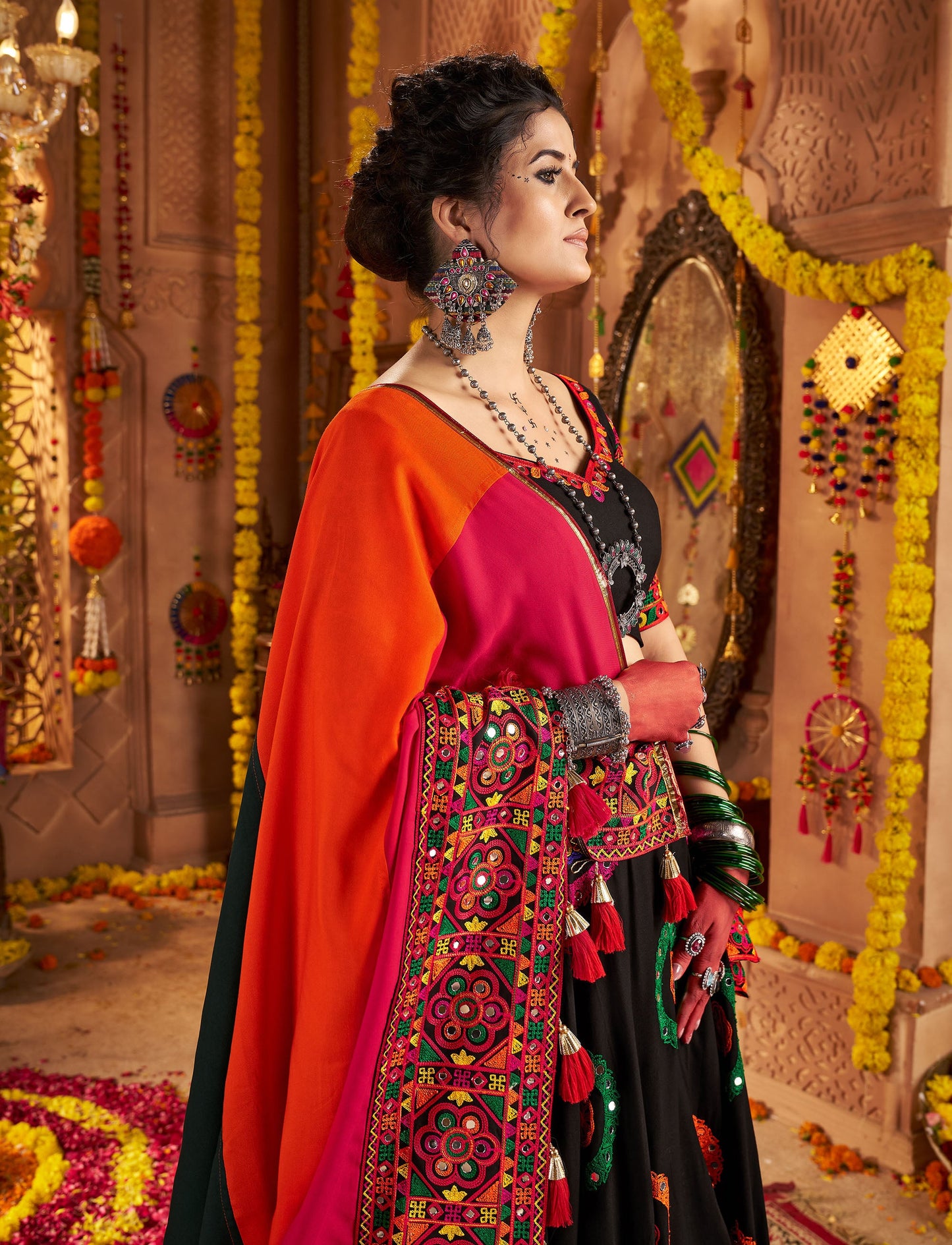 Black Viscose Cotton Embroidered Lace with Mirror Work Navratri Chaniya Choli