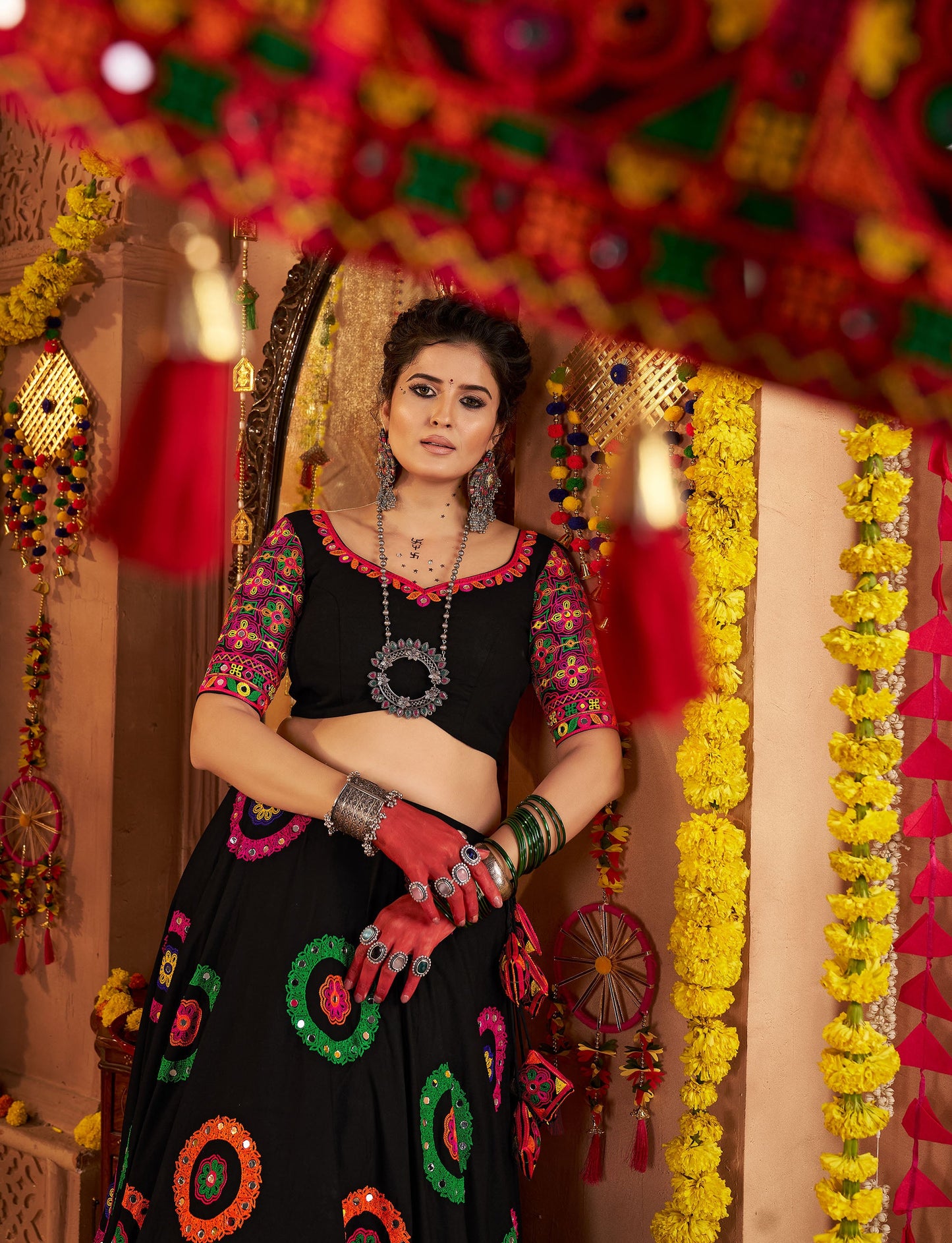 Black Viscose Cotton Embroidered Lace with Mirror Work Navratri Chaniya Choli