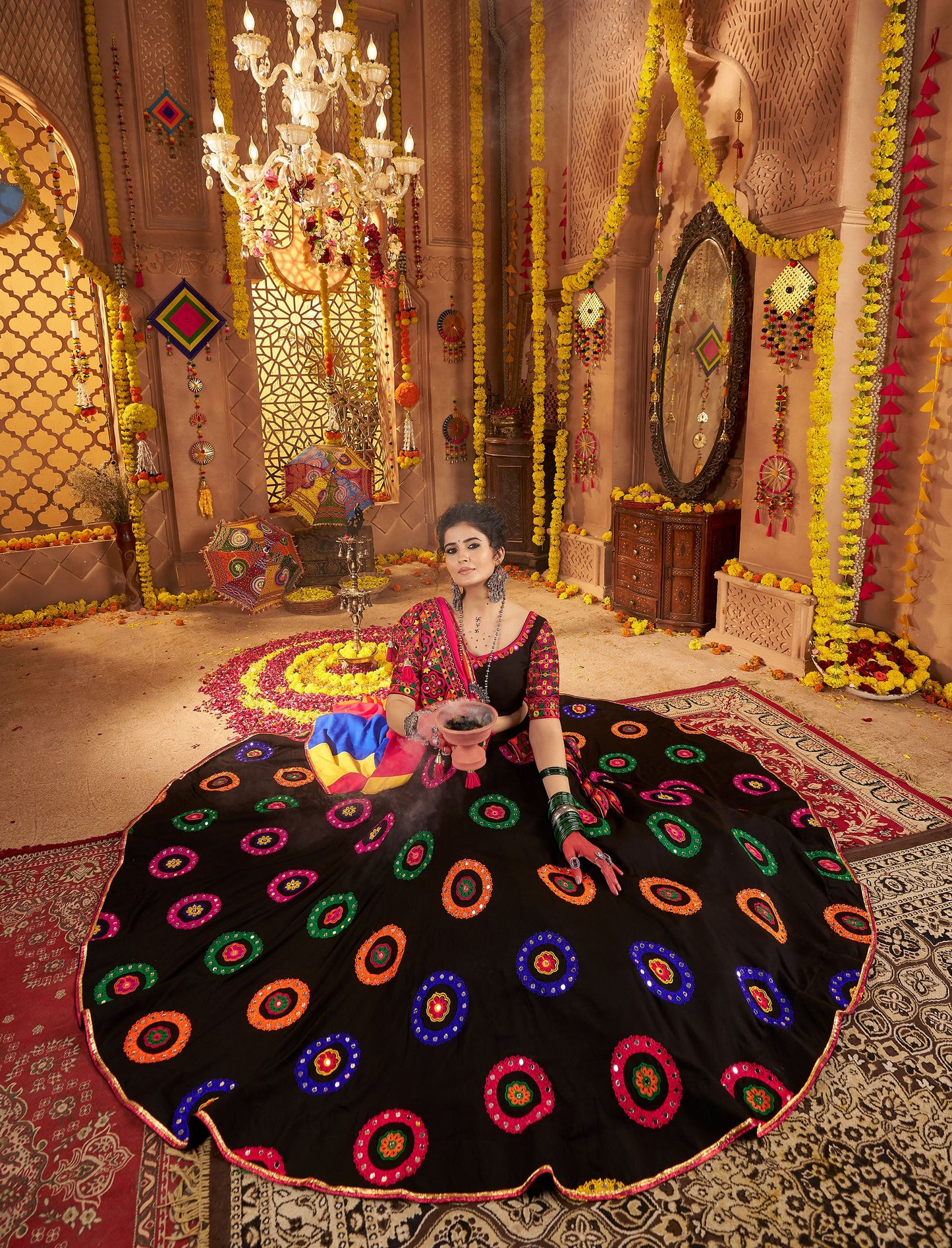 Black Viscose Cotton Embroidered Lace with Mirror Work Navratri Chaniya Choli