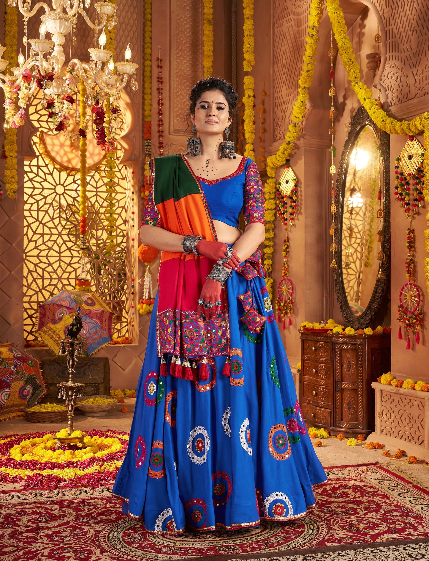 Royal Blue Viscose Cotton Mirror Work Navratri Chaniya Choli