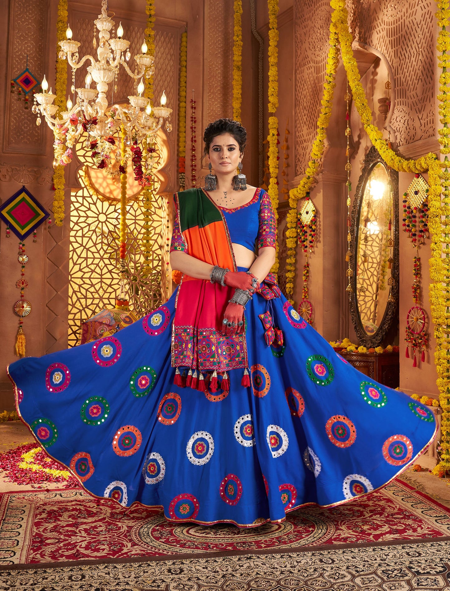 Royal Blue Viscose Cotton Mirror Work Navratri Chaniya Choli