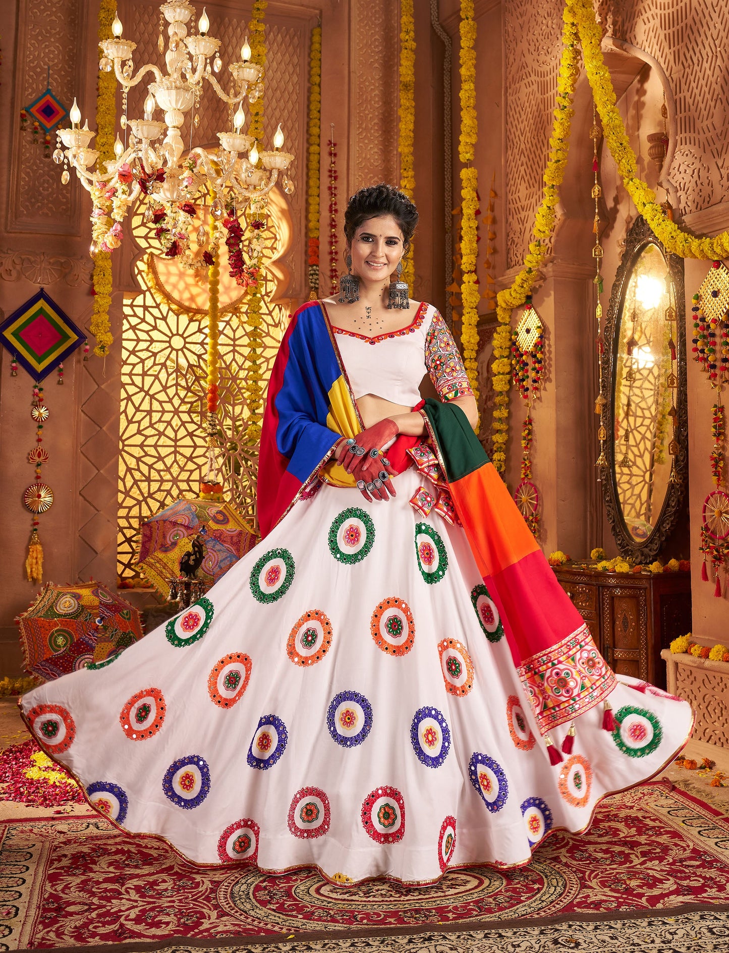 White Viscose Cotton Embroidered Lace with Mirror Work Navratri Chaniya Choli