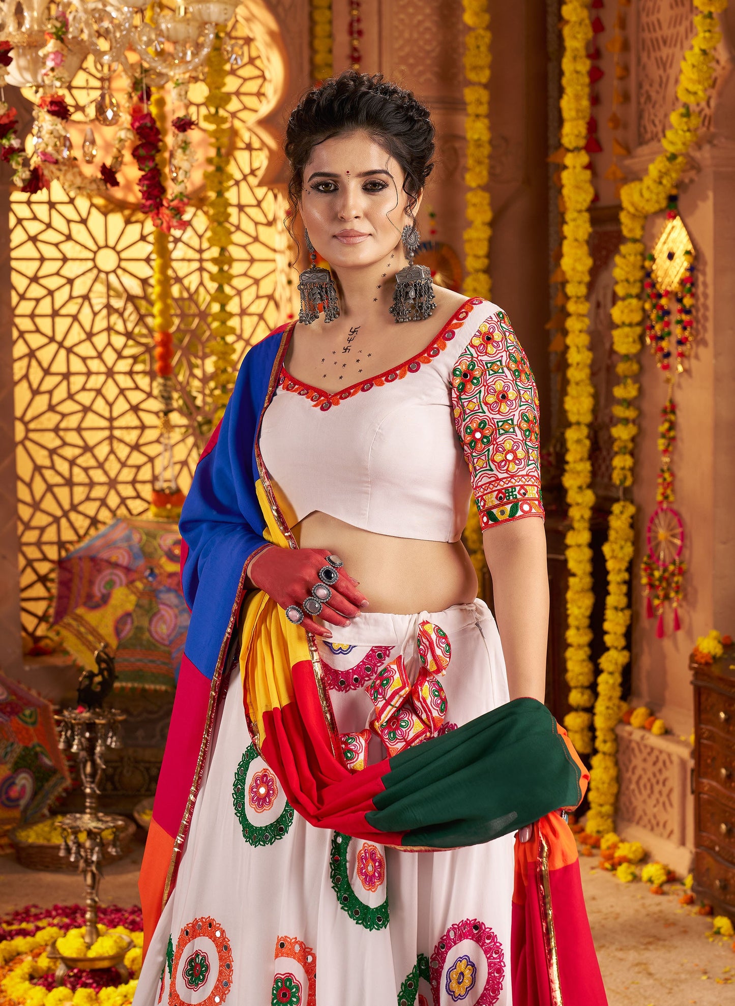 White Viscose Cotton Embroidered Lace with Mirror Work Navratri Chaniya Choli