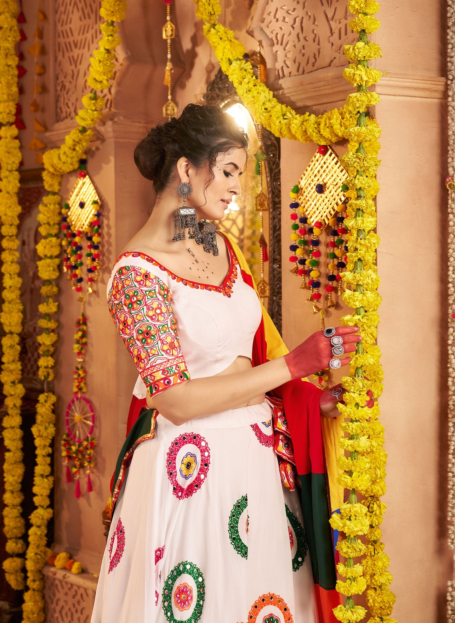 White Viscose Cotton Embroidered Lace with Mirror Work Navratri Chaniya Choli