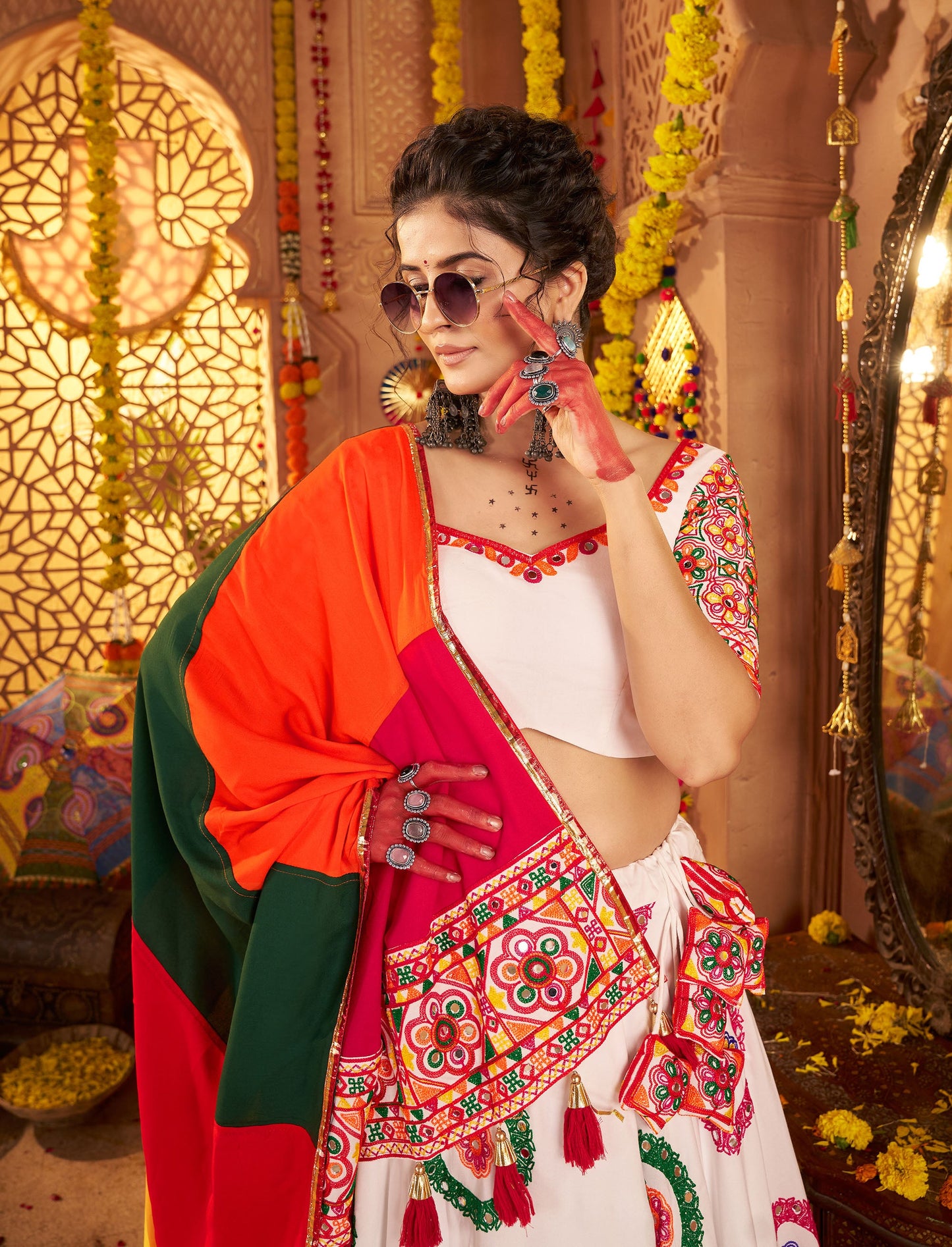 White Viscose Cotton Embroidered Lace with Mirror Work Navratri Chaniya Choli