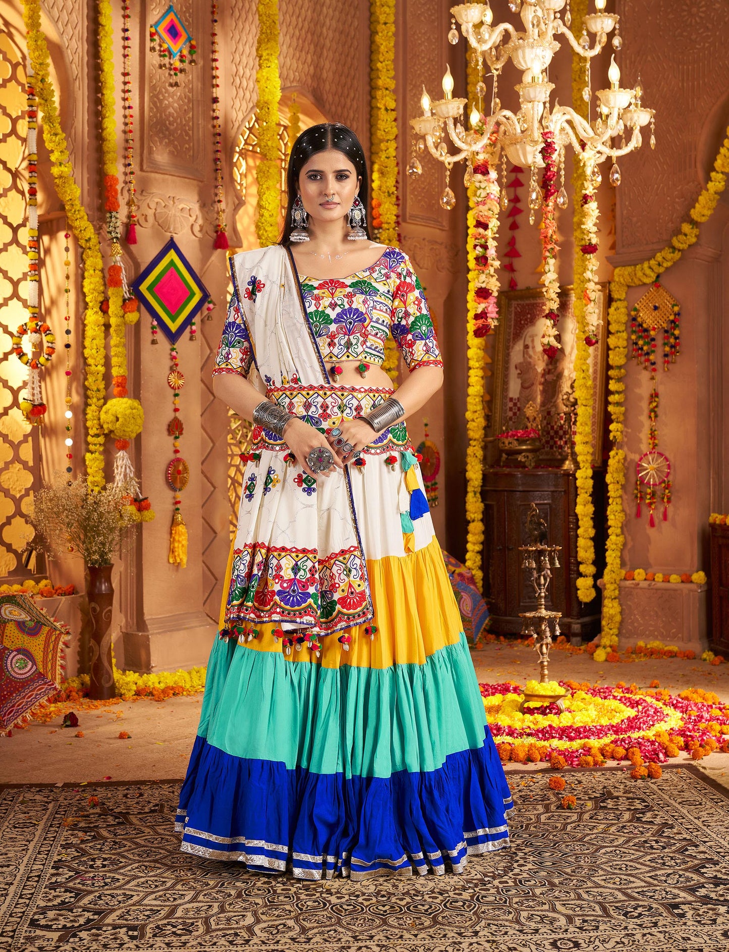 White & Blue Viscose Cotton Mirror Work Navratri Chaniya Choli
