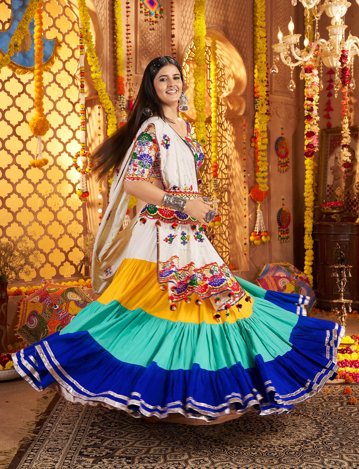 White & Blue Viscose Cotton Mirror Work Navratri Chaniya Choli