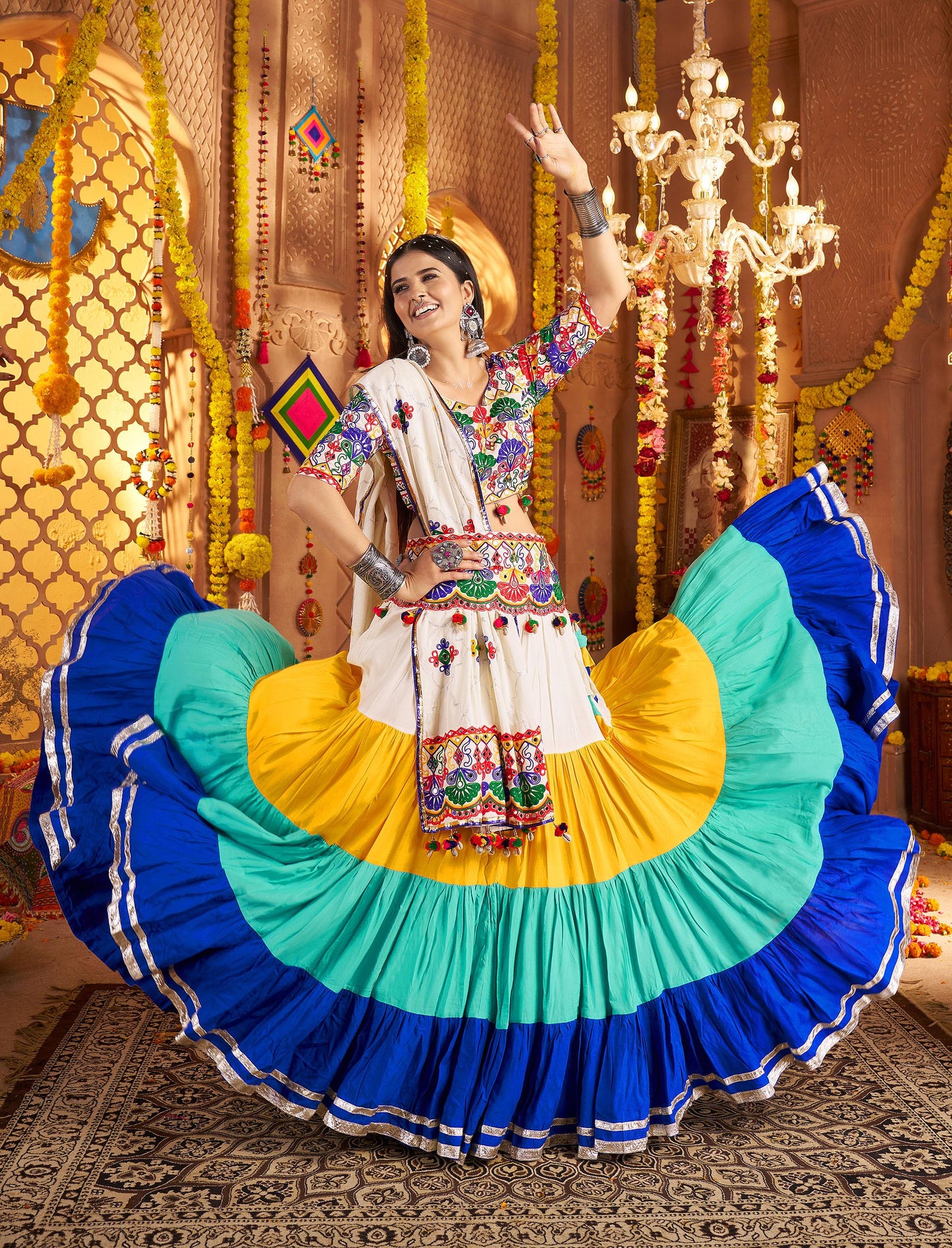 White & Blue Viscose Cotton Mirror Work Navratri Chaniya Choli