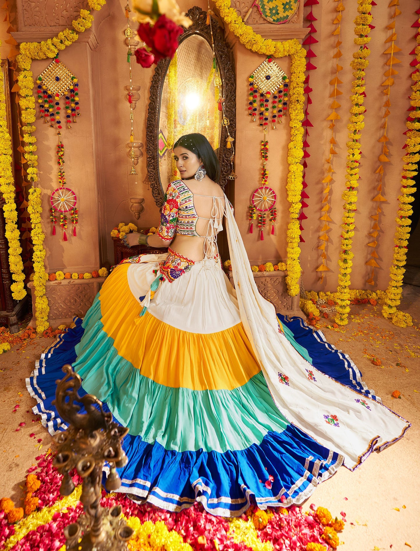 White & Blue Viscose Cotton Mirror Work Navratri Chaniya Choli
