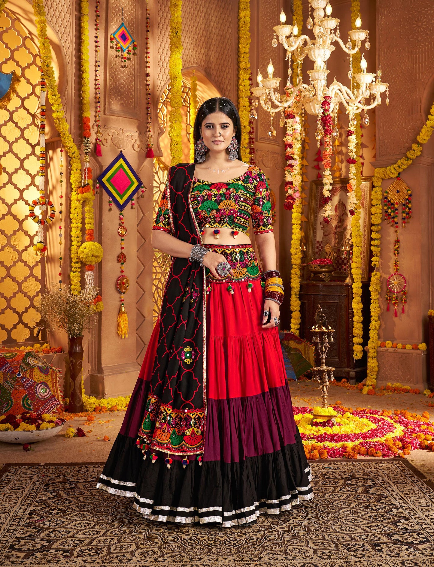 Black & Red Viscose Cotton Mirror Work Navratri Chaniya Choli