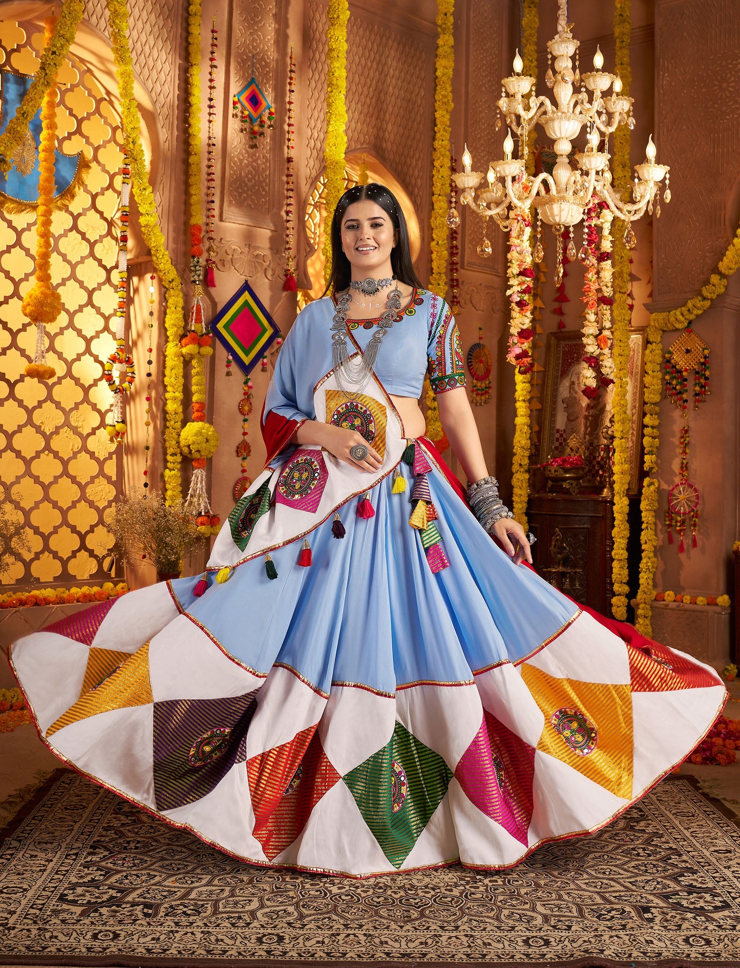 Light Blue Viscose Cotton Multi Threadwork with Mirror Work Navratri Chaniya Choli
