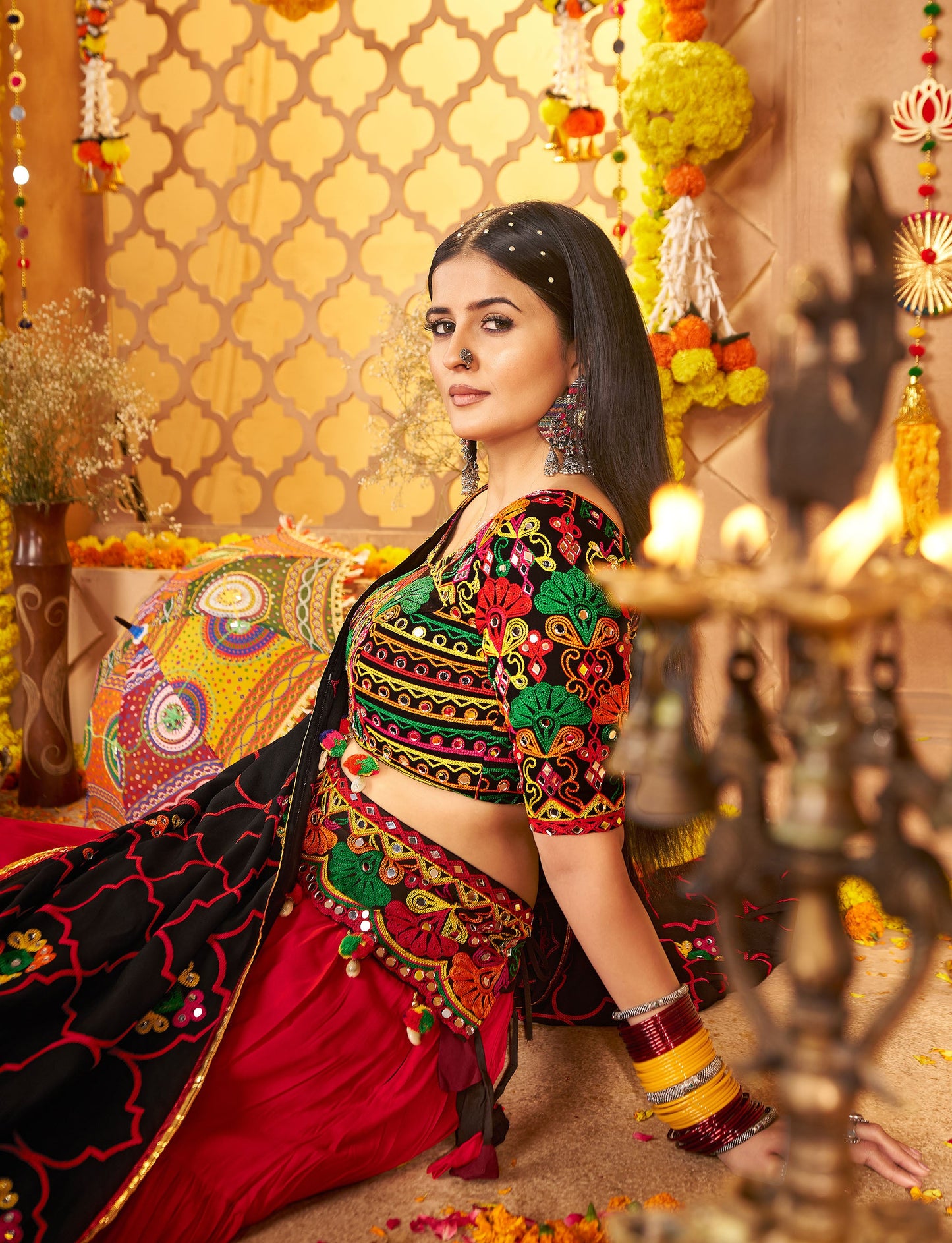 Black & Red Viscose Cotton Mirror Work Navratri Chaniya Choli