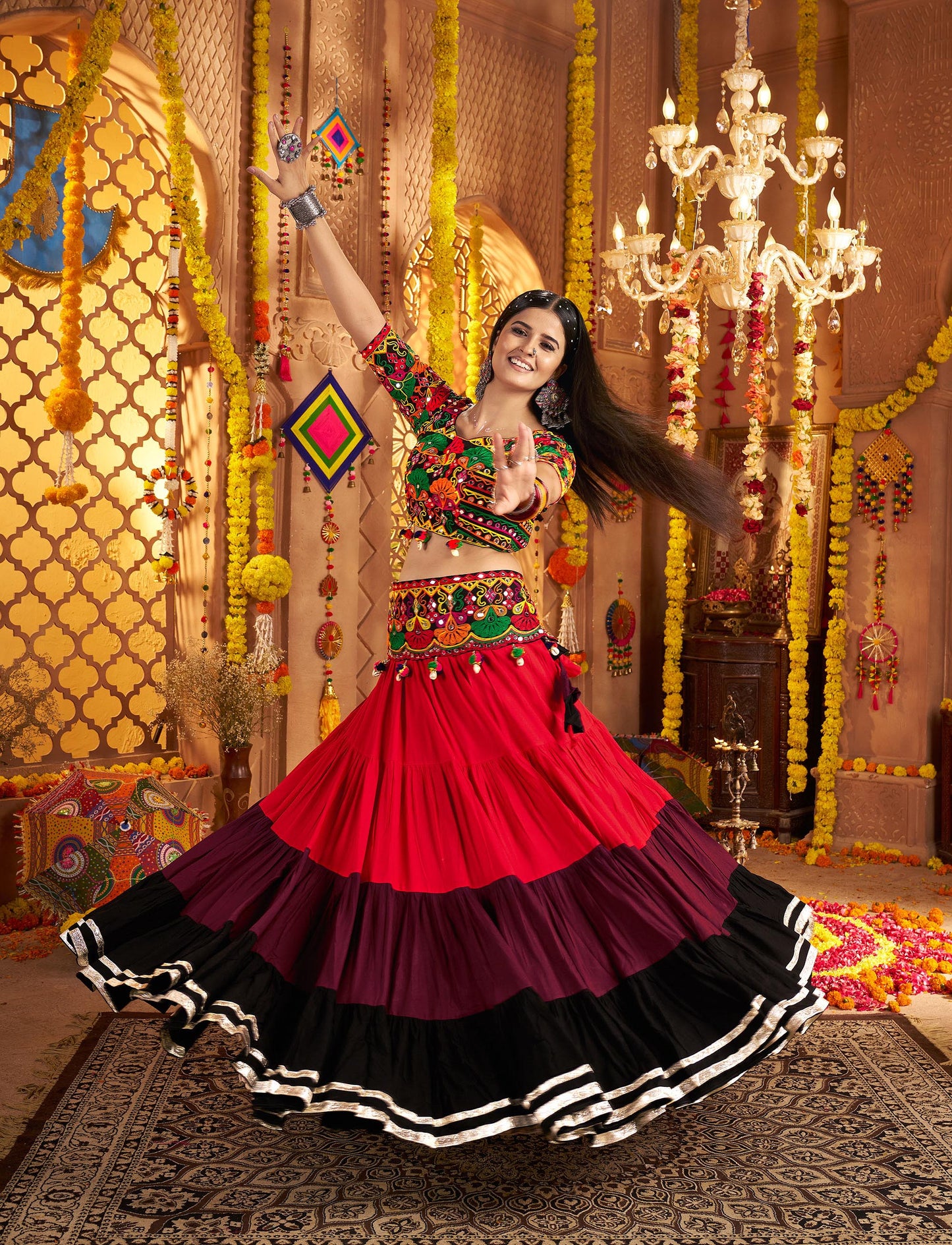 Black & Red Viscose Cotton Mirror Work Navratri Chaniya Choli