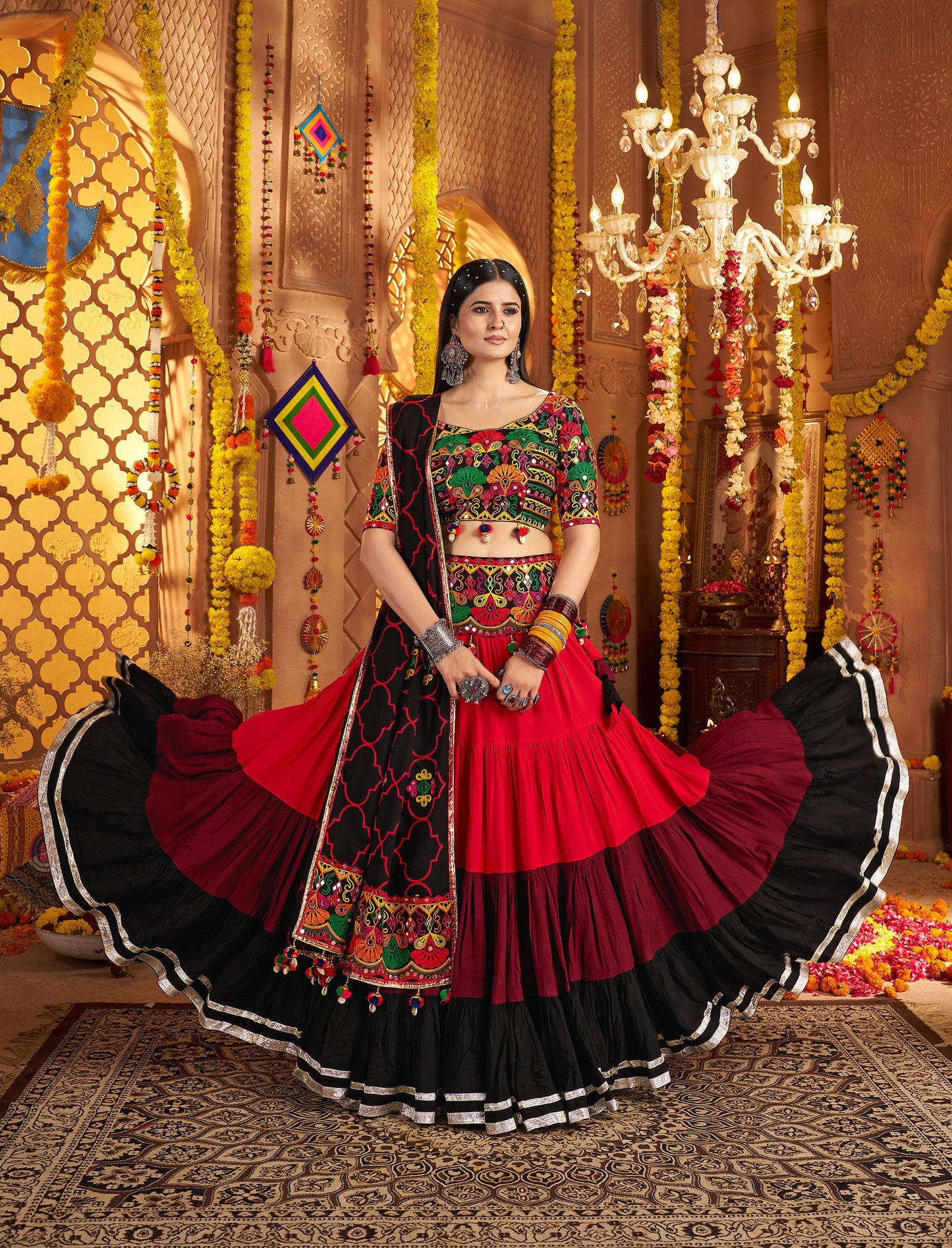 Black & Red Viscose Cotton Mirror Work Navratri Chaniya Choli